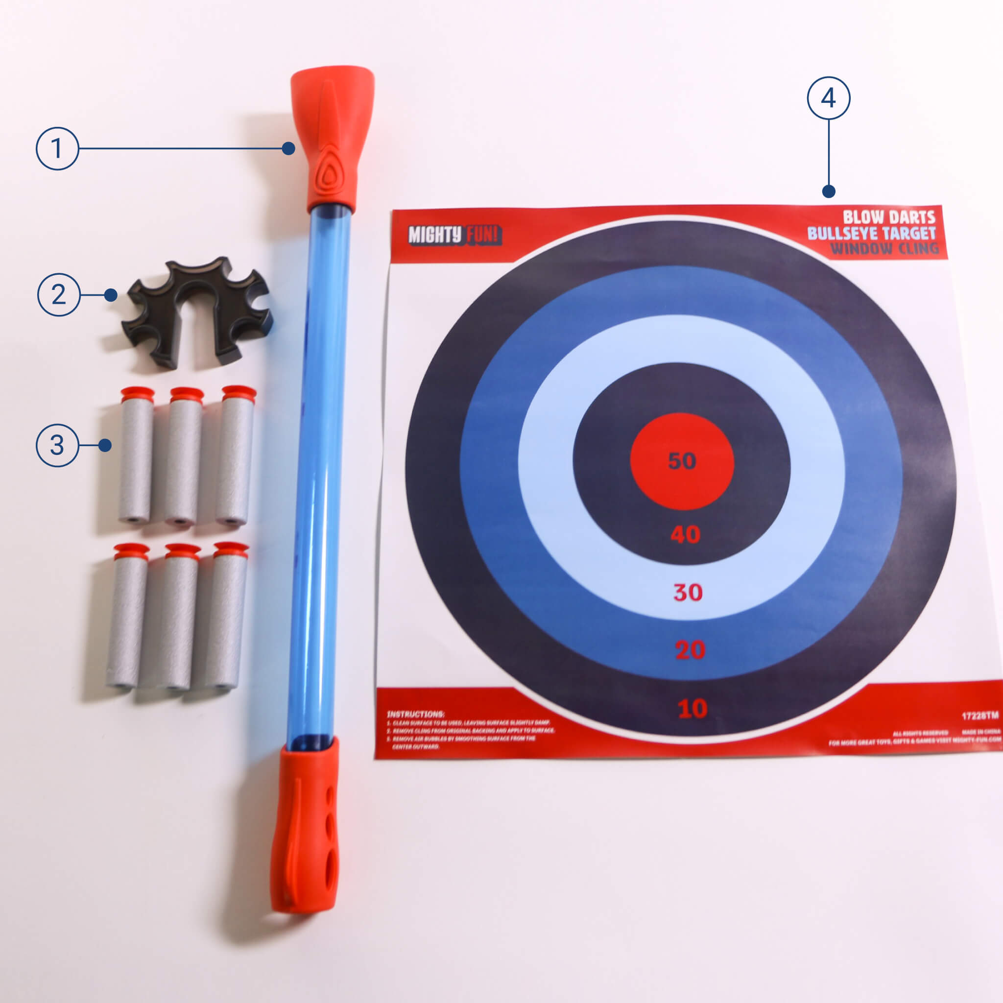 Blow Darts target set by Mighty Fun! Includes 6 darts, ammo holder and target. With detail callouts.