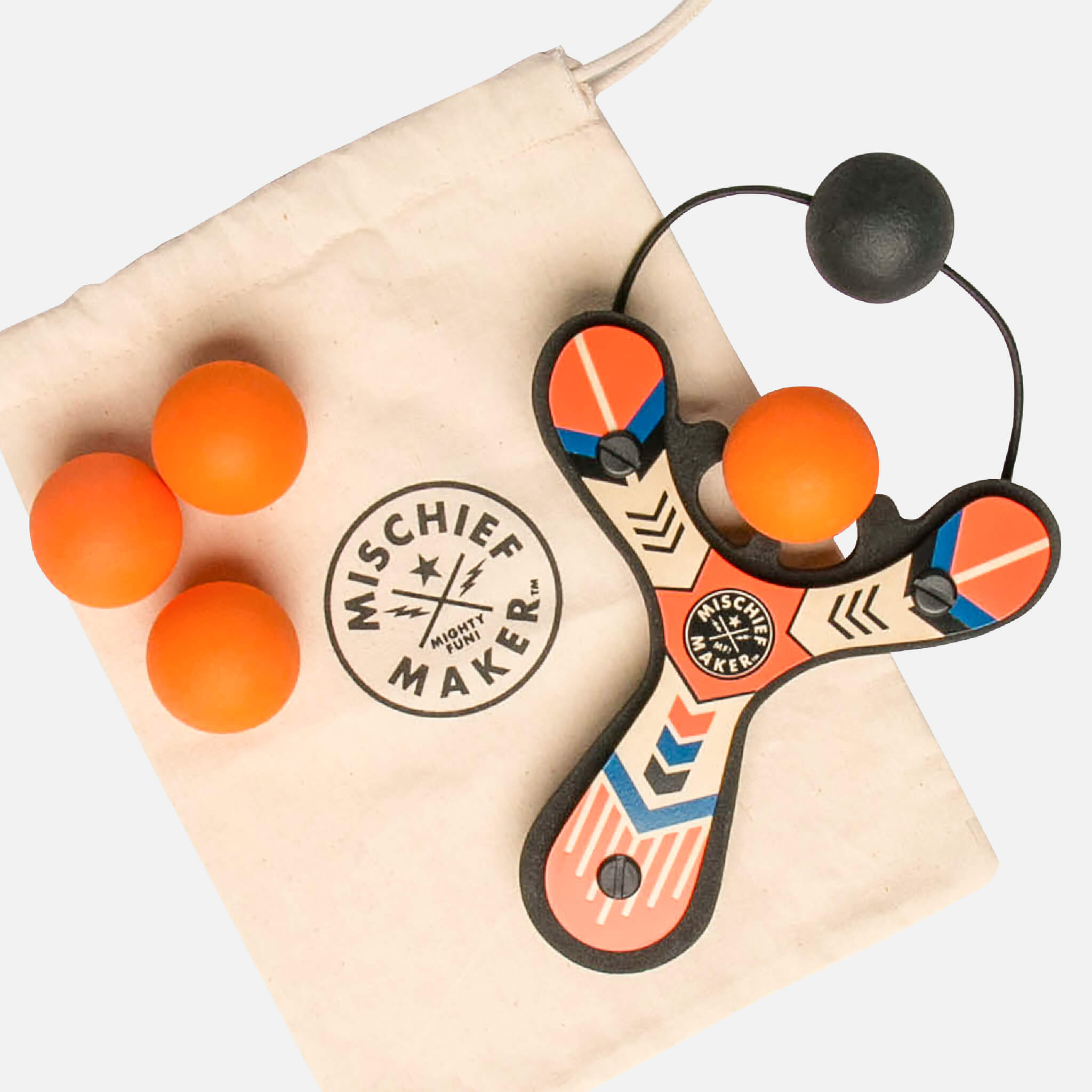Orange Classic wood slingshot with 4 soft foam balls and storage bag. Mischief Maker by Mighty Fun!