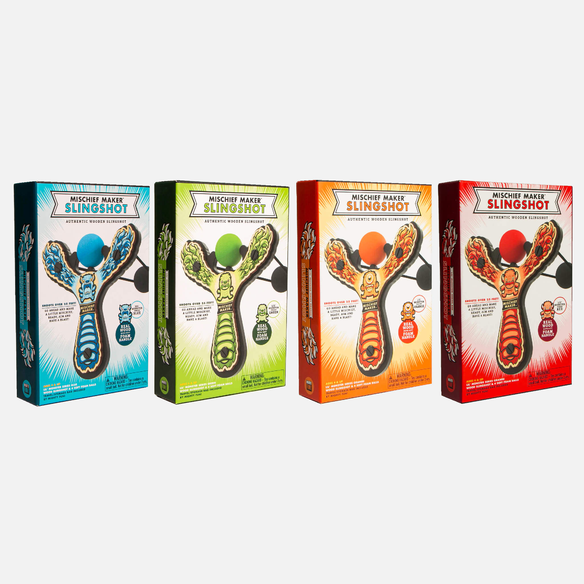 Monster toy slingshot color gift boxes including blue, green, orange, and red by Mighty Fun!