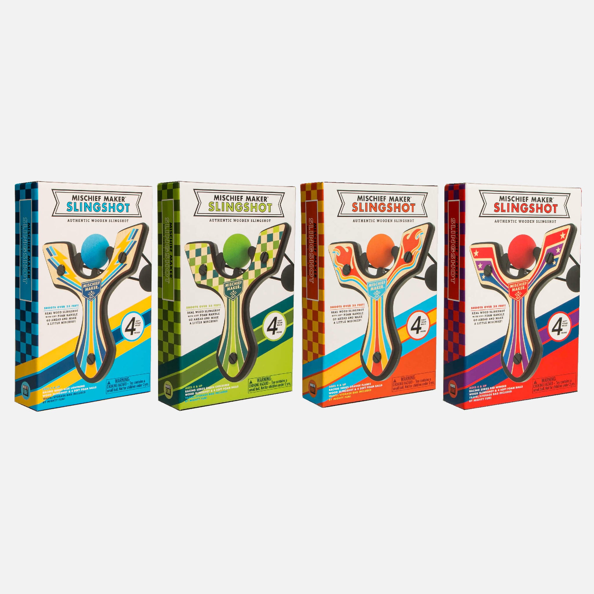 Racing best slingshot color gift boxes including blue, green, orange, and red by Mighty Fun!