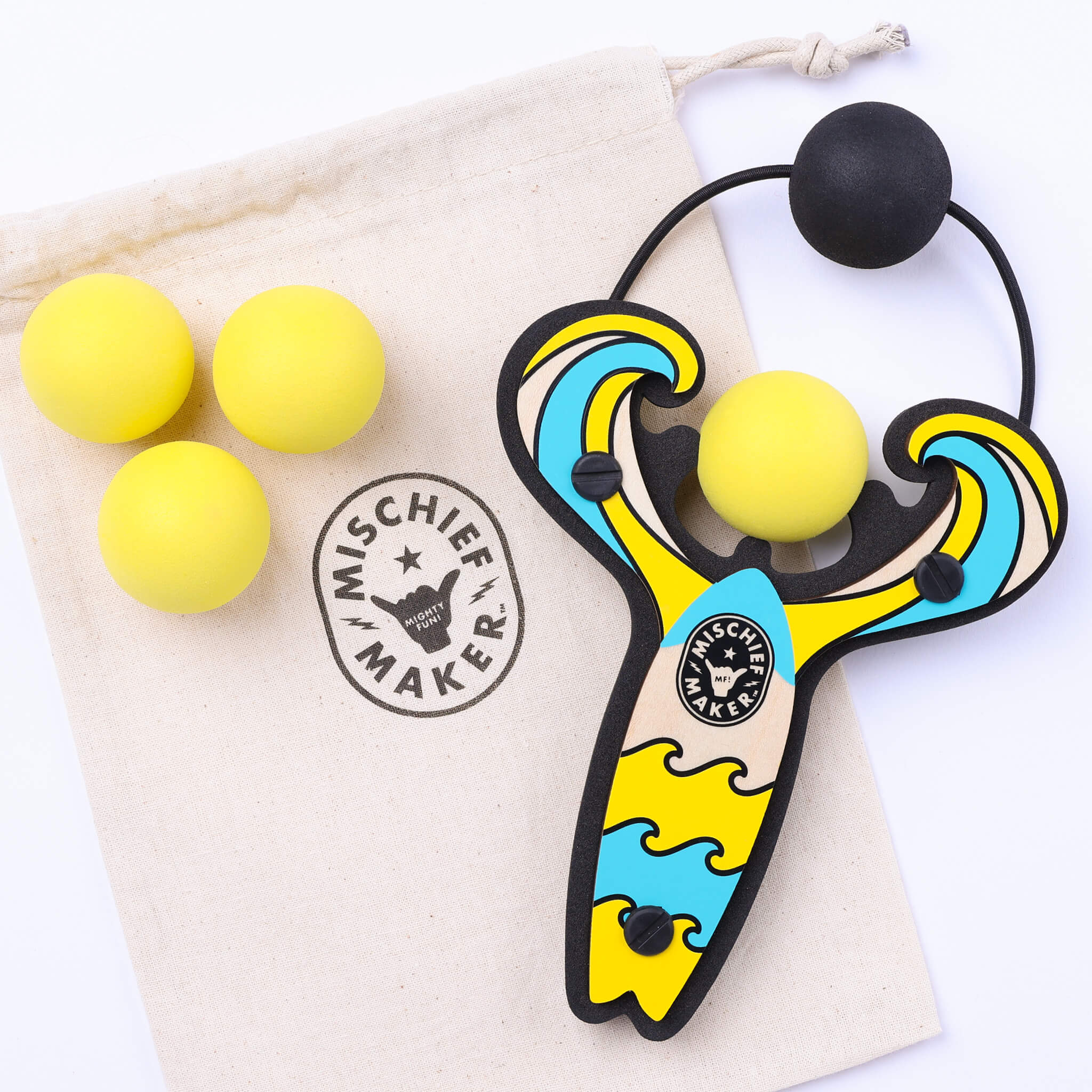 Yellow Surf’s Up toy slingshot with 4 soft foam balls and storage bag. Mischief Maker by Mighty Fun!