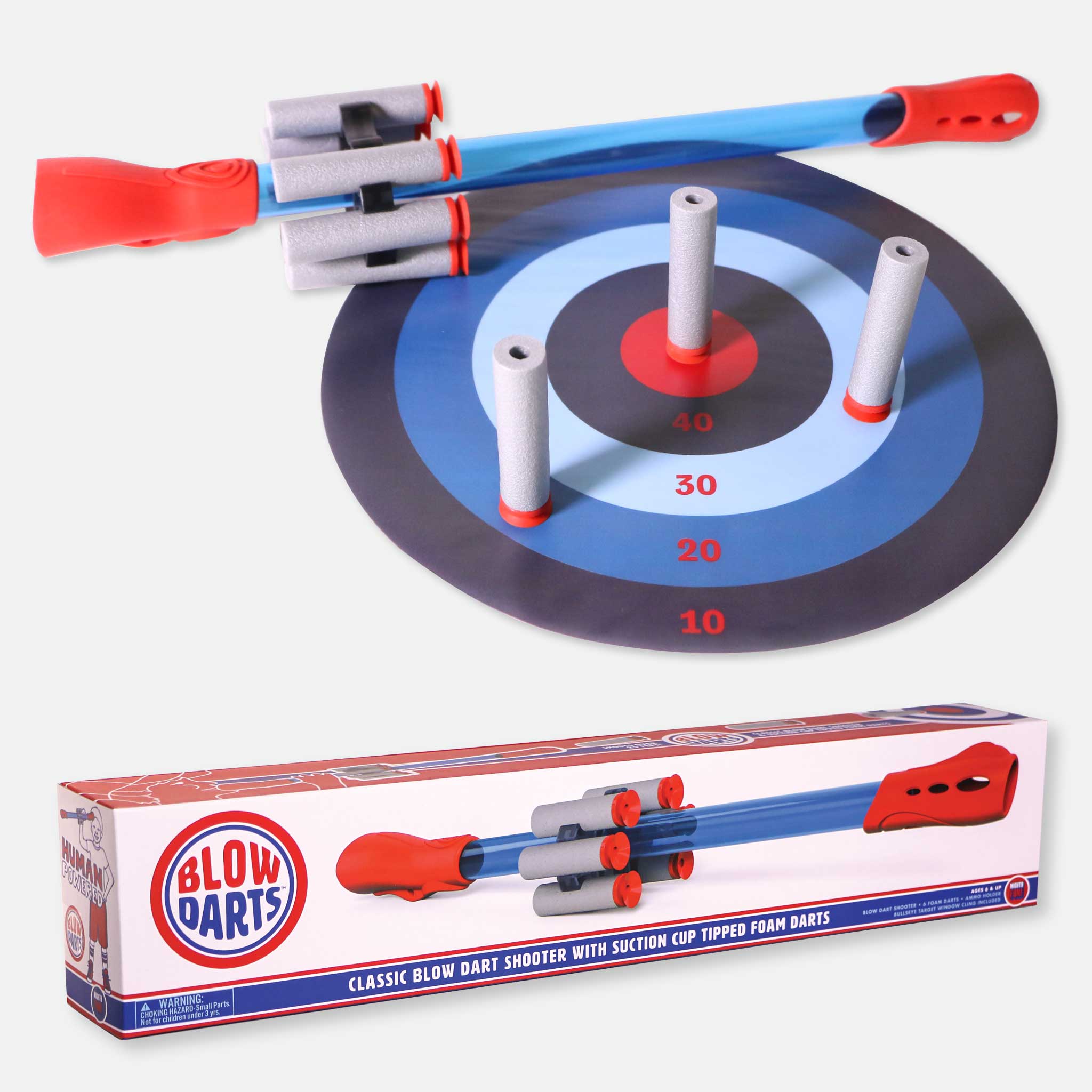 Blow Darts target set by Mighty Fun! Includes 6 darts, ammo holder and target.