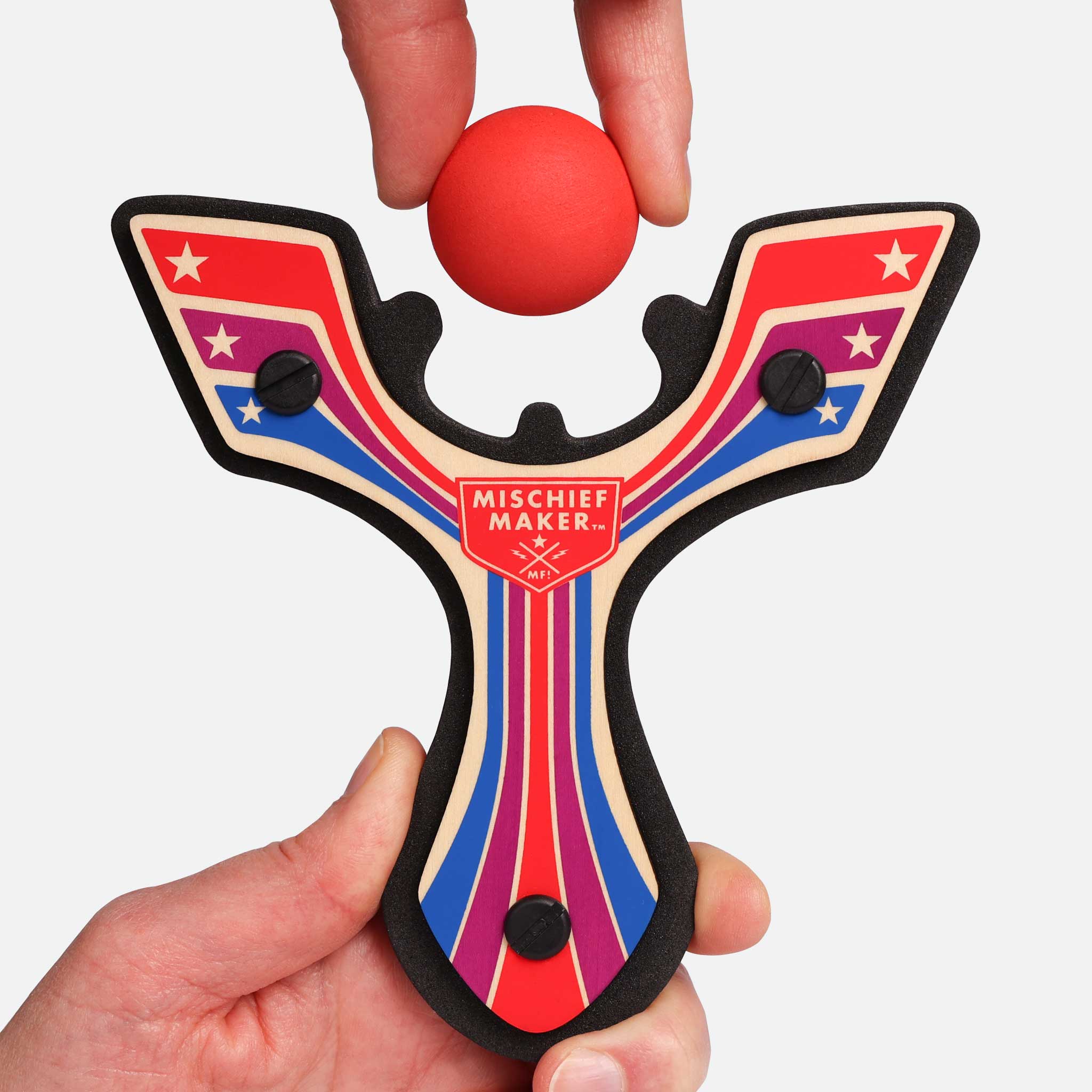 Red Racing toy slingshot being loaded with foam ball. Mischief Maker by Mighty Fun!