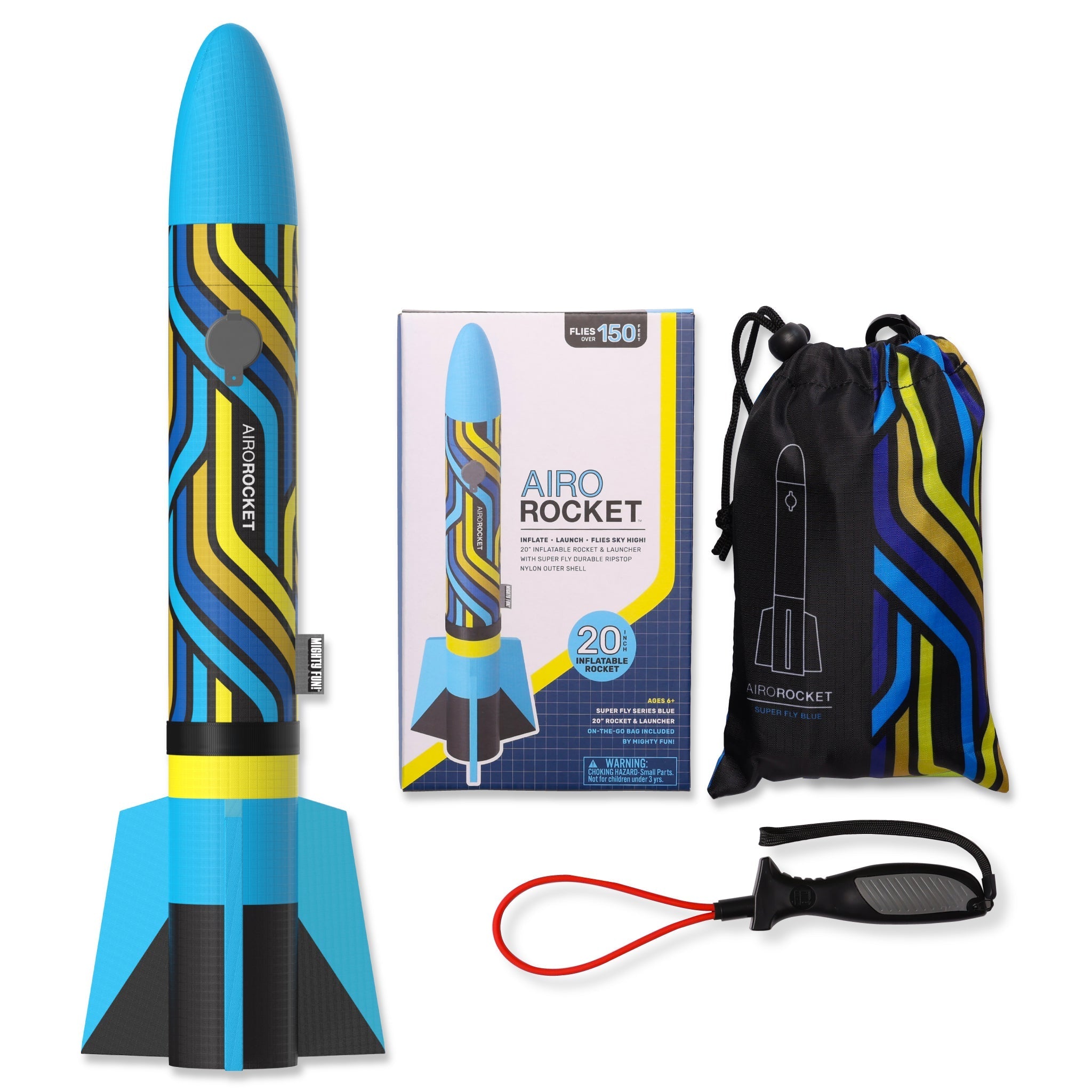 Blue Airo Rocket toy rocket with hand launcher, storage bag, and color box by Mighty Fun!