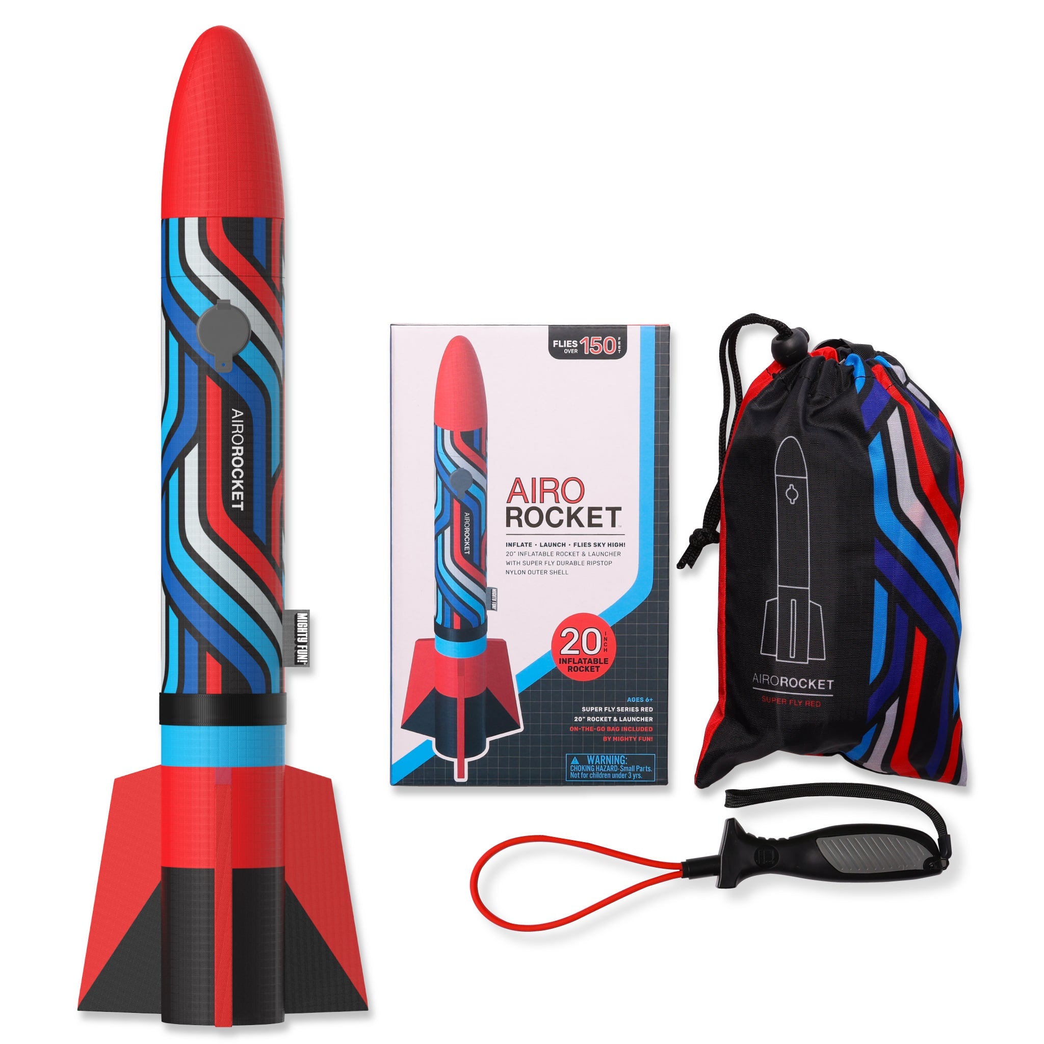 Red Airo Rocket toy rocket with hand launcher, storage bag, and color box by Mighty Fun!