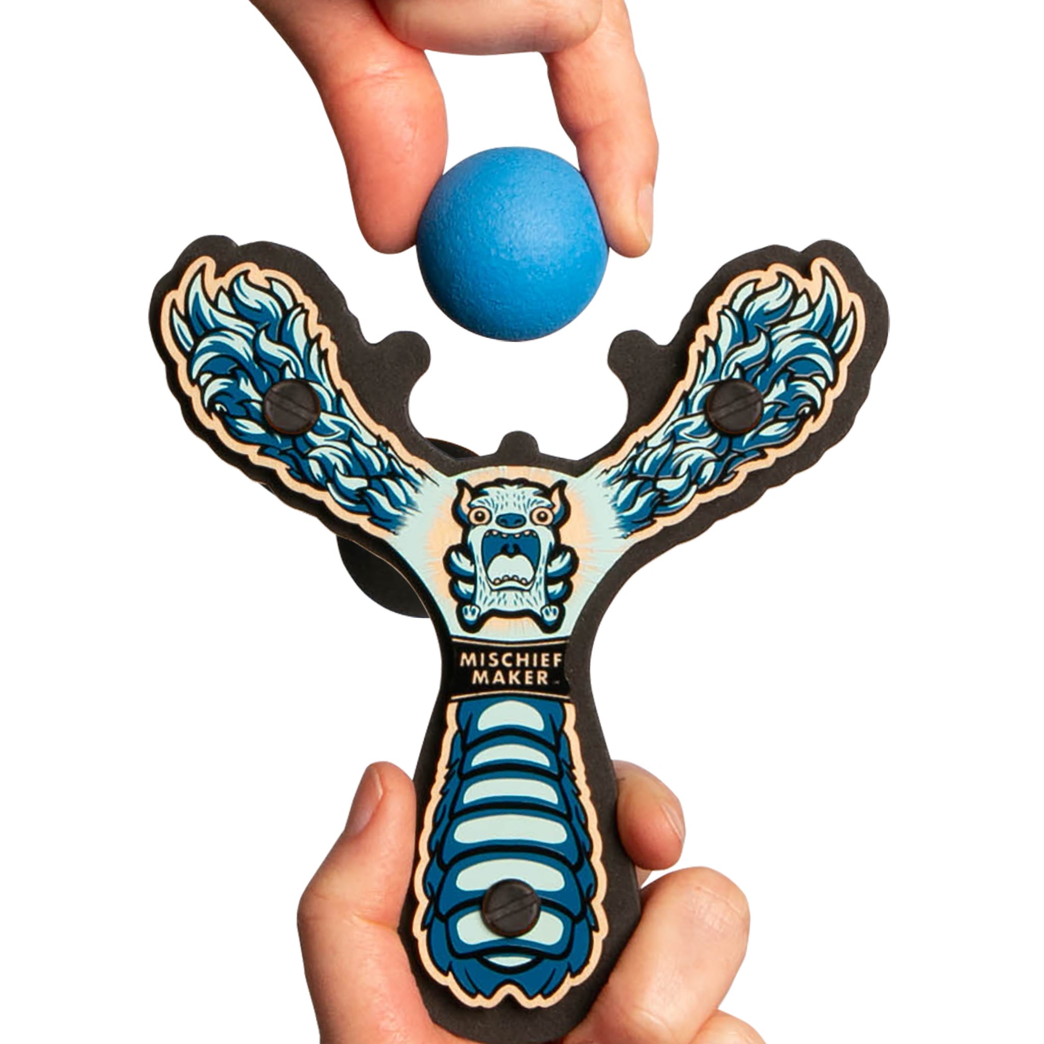 Blue Monster toy slingshot being loaded with a soft foam ball. Mischief Maker by Mighty Fun!