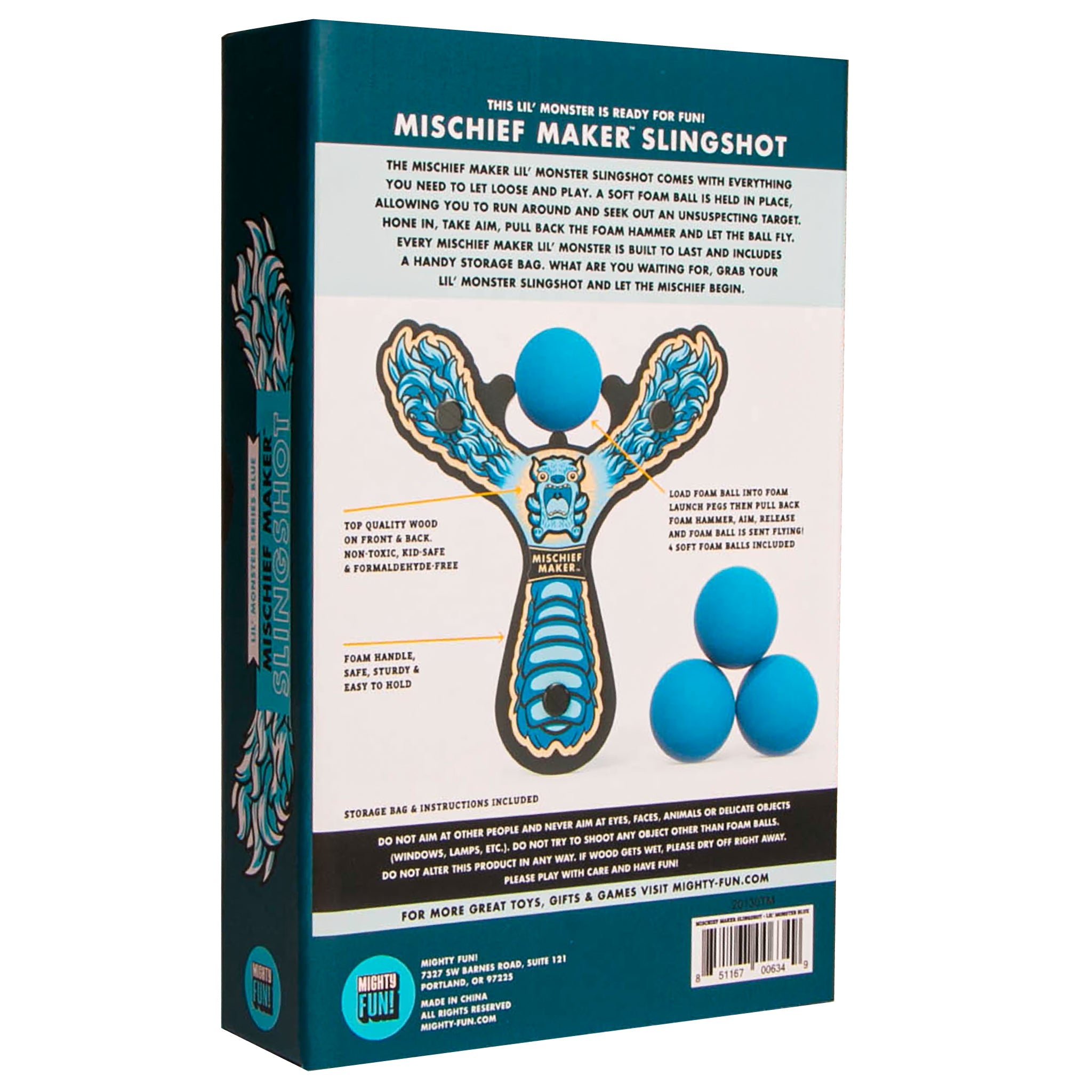 Blue Monster toy slingshot color kids gift box. Mischief Maker by Mighty Fun!