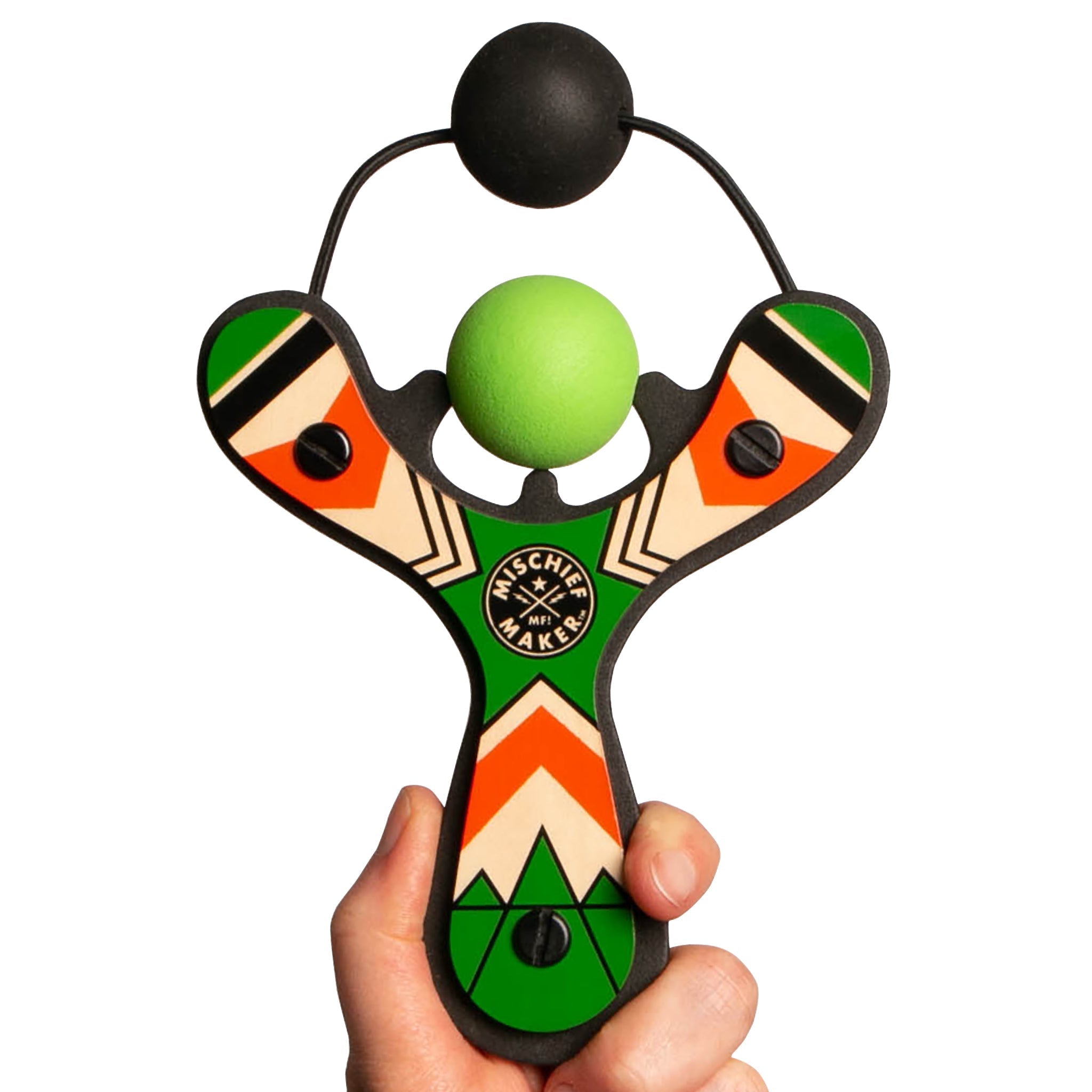 Green Classic wood slingshot hand held with ball foam ball. Mischief Maker by Mighty Fun!