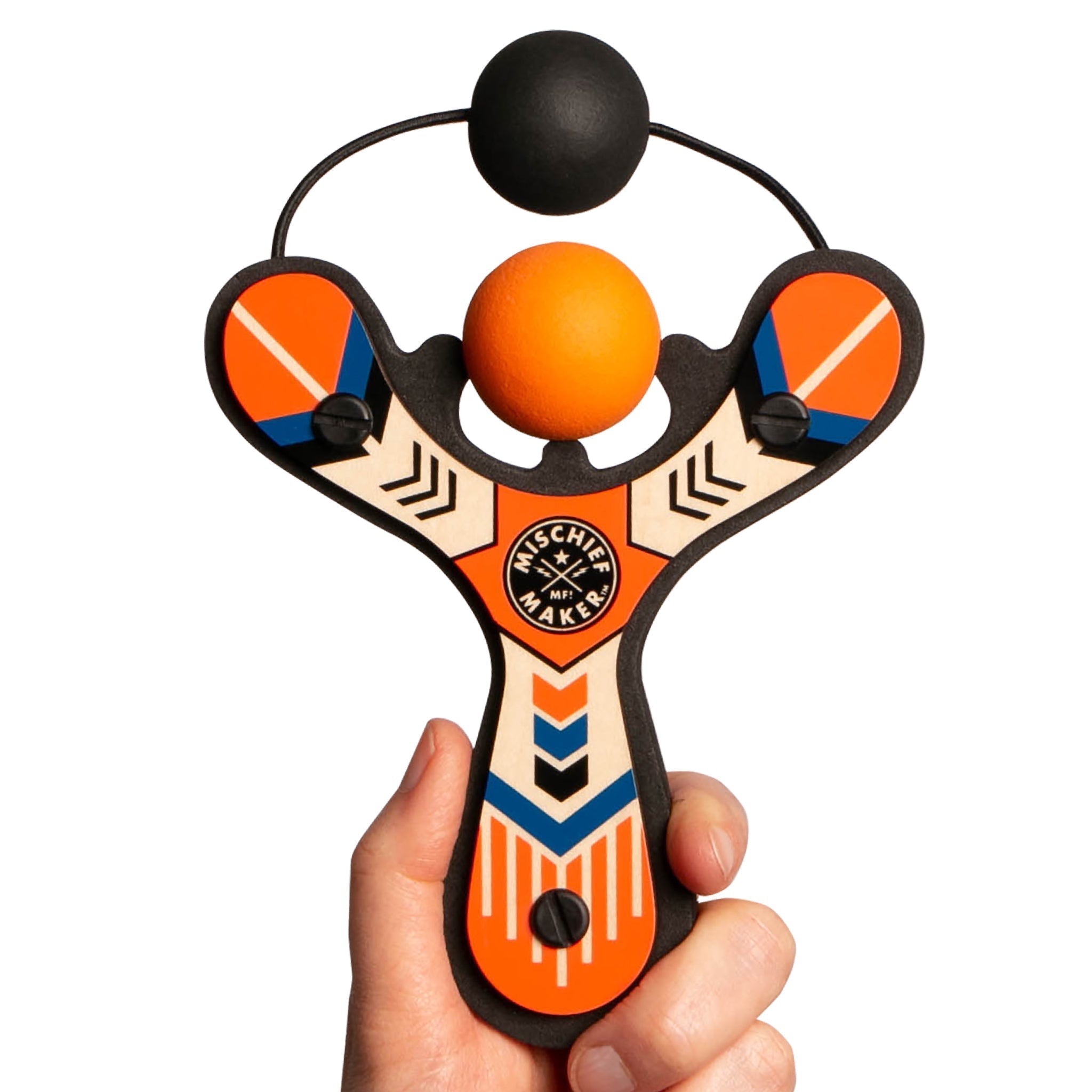 Orange Classic wood slingshot hand held with ball foam ball. Mischief Maker by Mighty Fun!