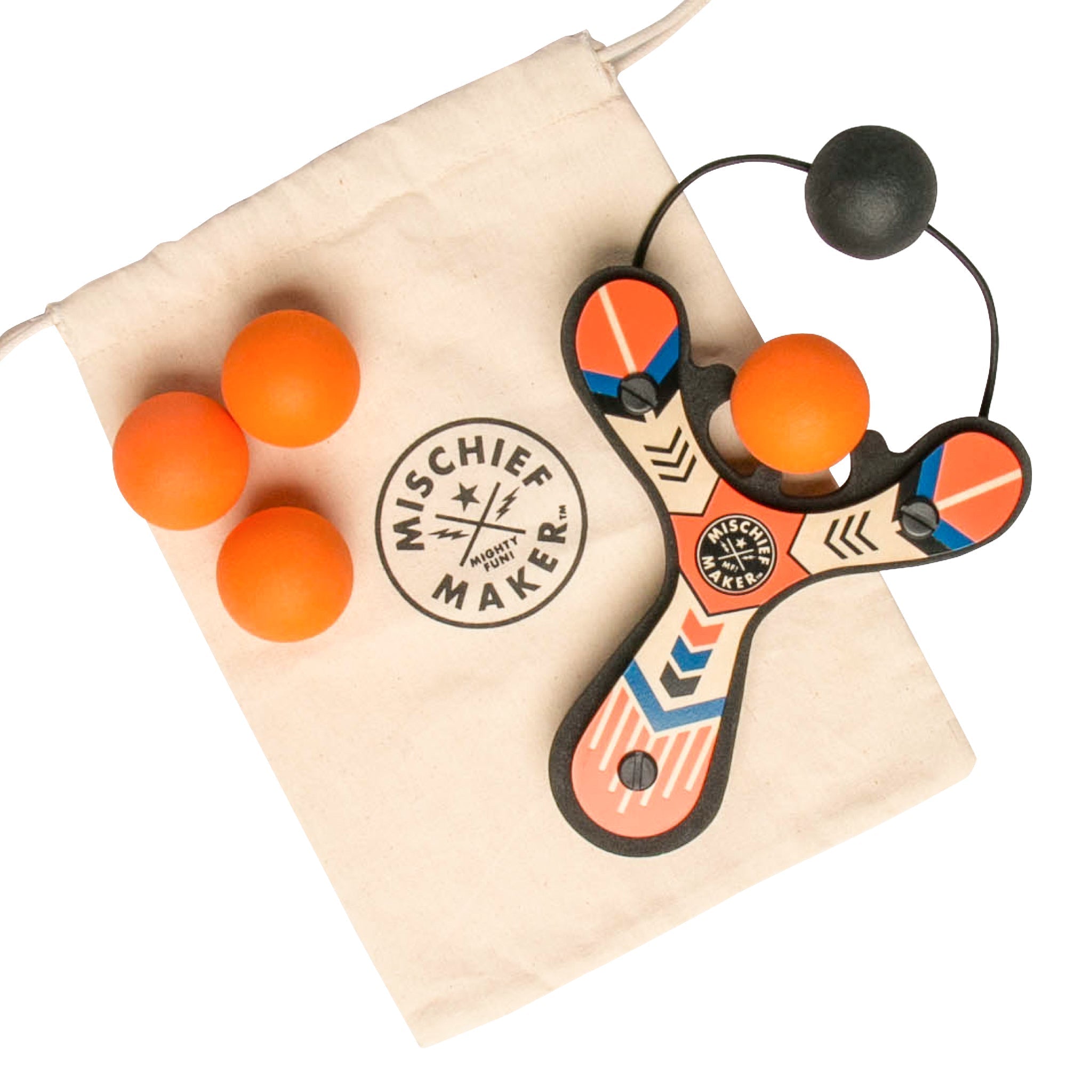 Orange Classic wood slingshot with 4 soft foam balls and storage bag. Mischief Maker by Mighty Fun!