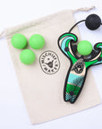 Green Surf’s Up toy slingshot with 4 soft foam balls and storage bag. Mischief Maker by Mighty Fun!