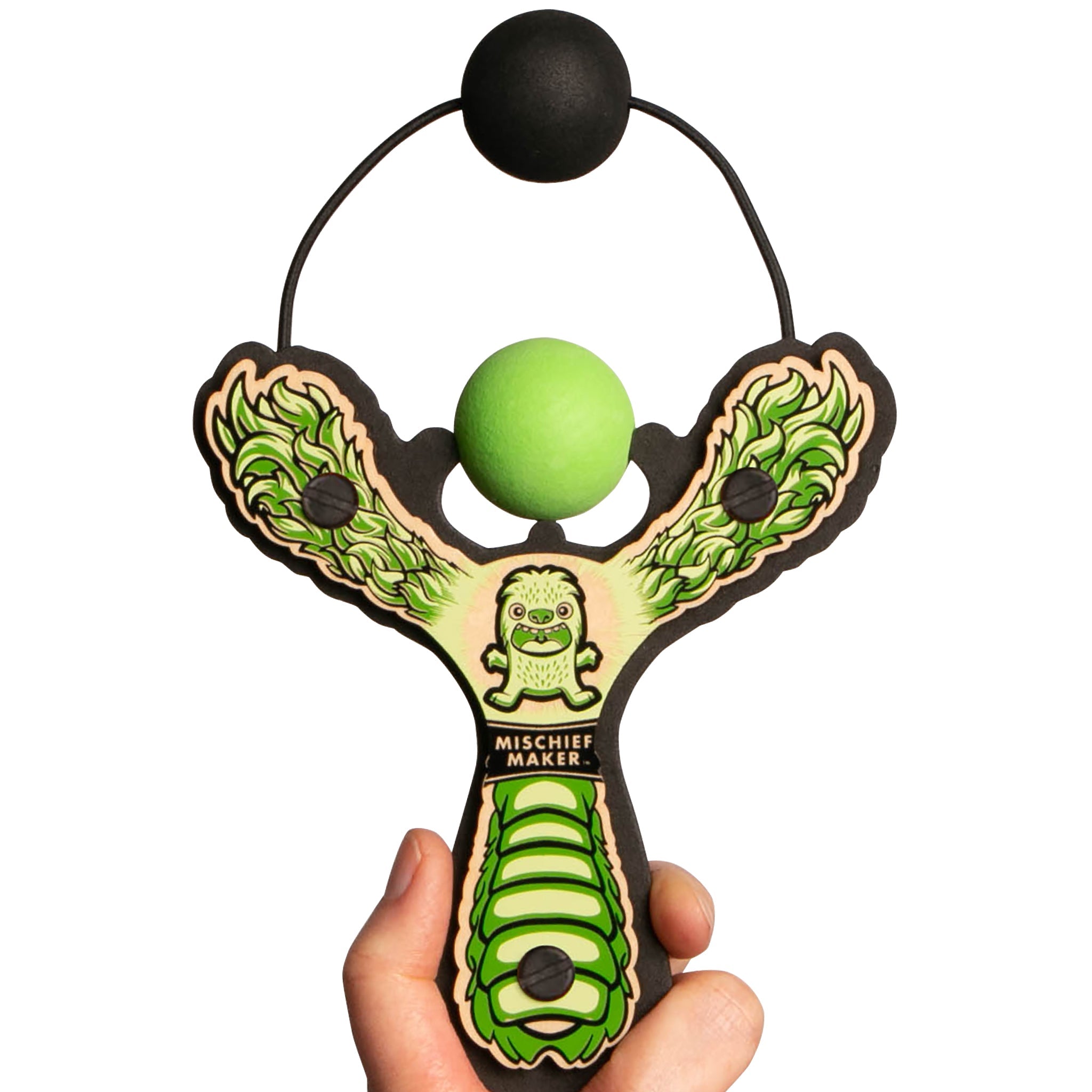 Green Monster toy slingshot hand held with ball foam ball. Mischief Maker by Mighty Fun!