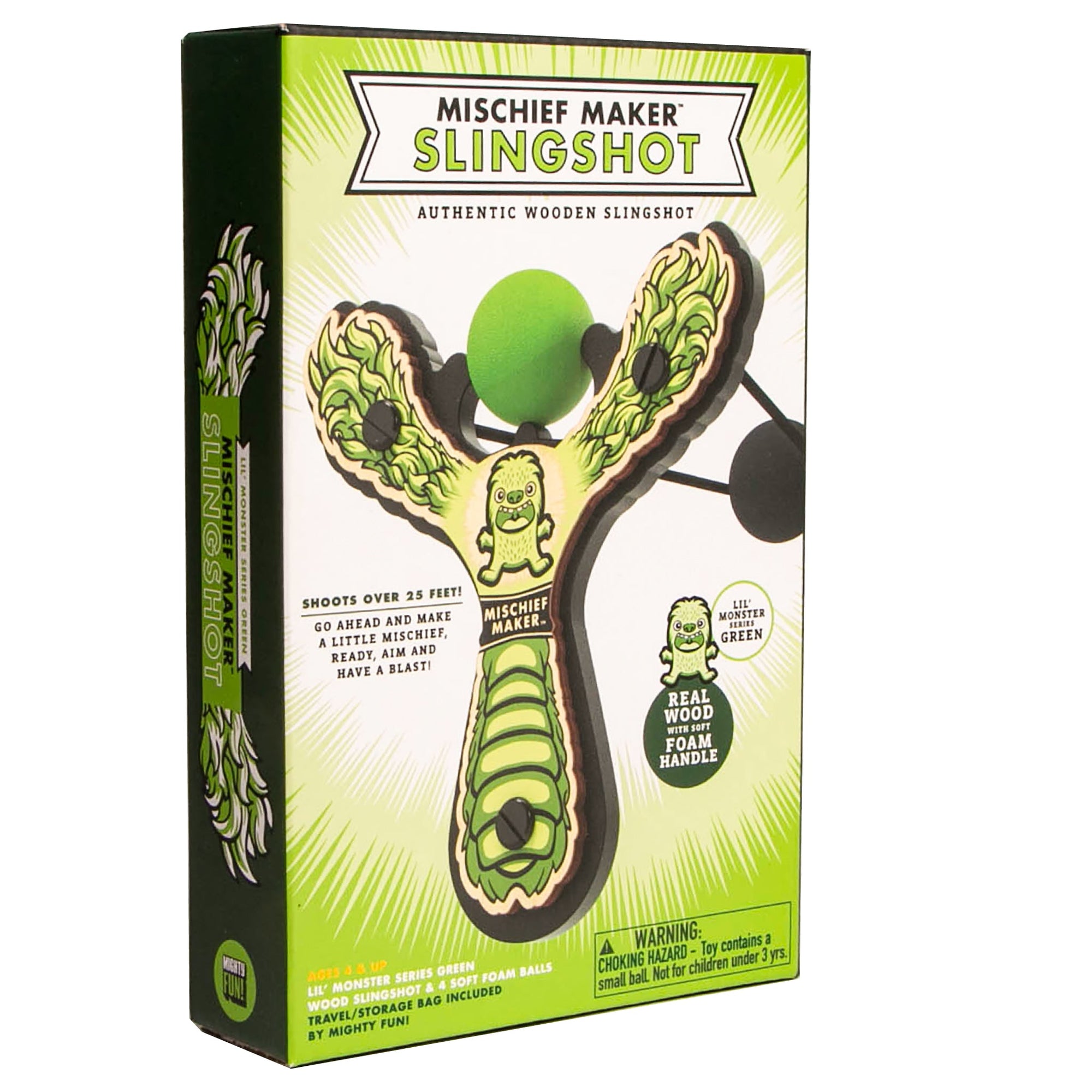 Green Monster toy slingshot color kids gift box. Mischief Maker by Mighty Fun!