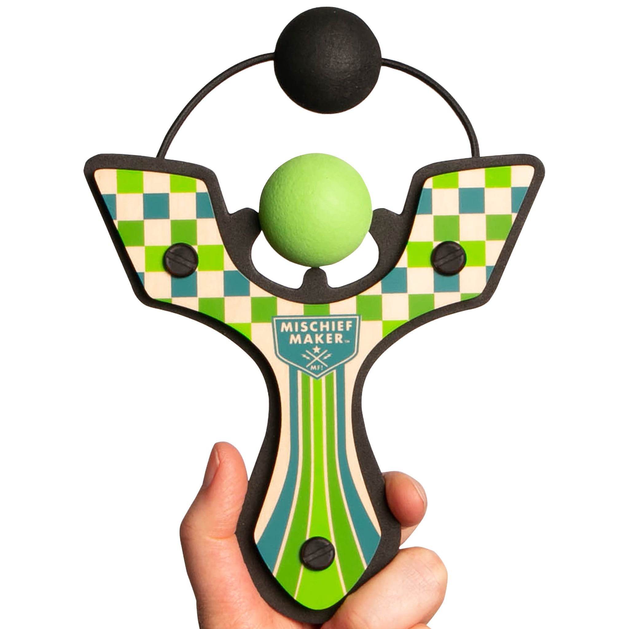 Green Racing best slingshot hand held with ball foam ball. Mischief Maker by Mighty Fun!