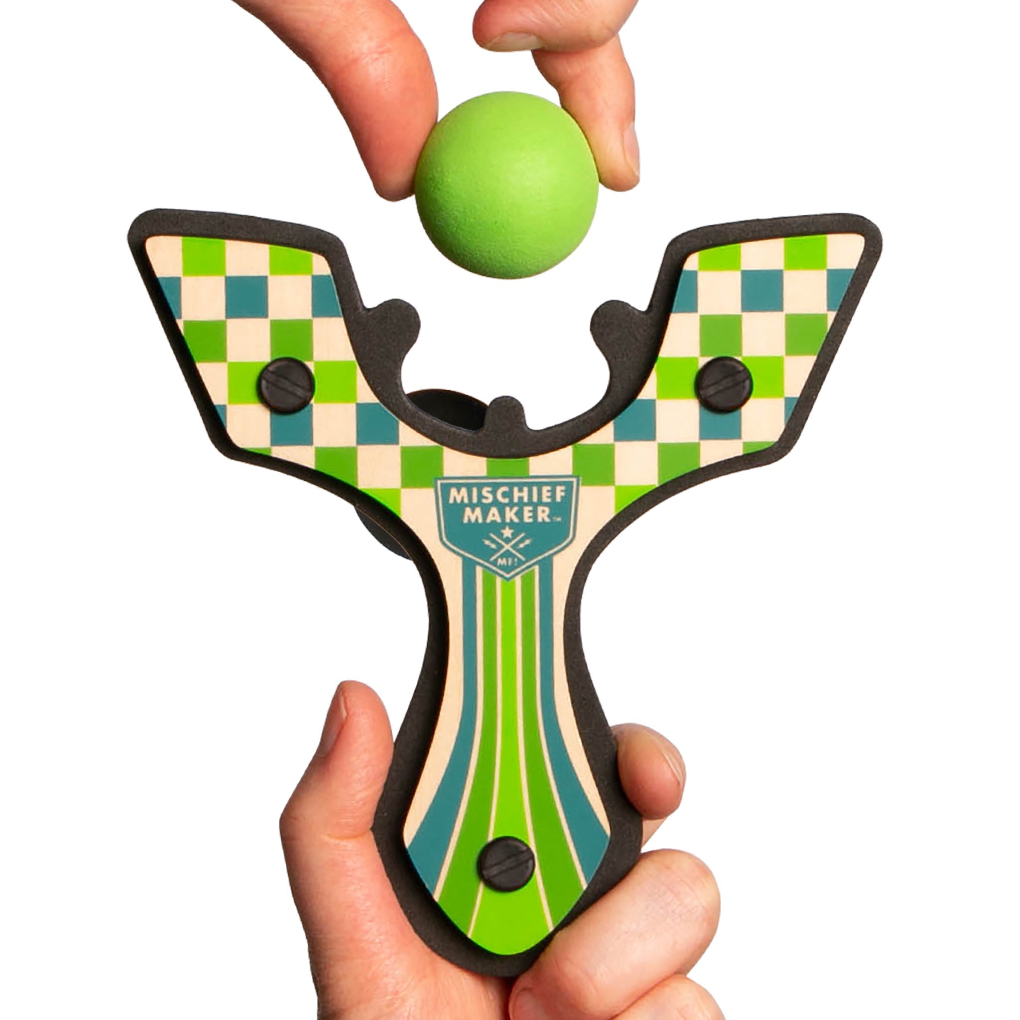 Green Racing best slingshot being loaded with a soft foam ball. Mischief Maker by Mighty Fun!