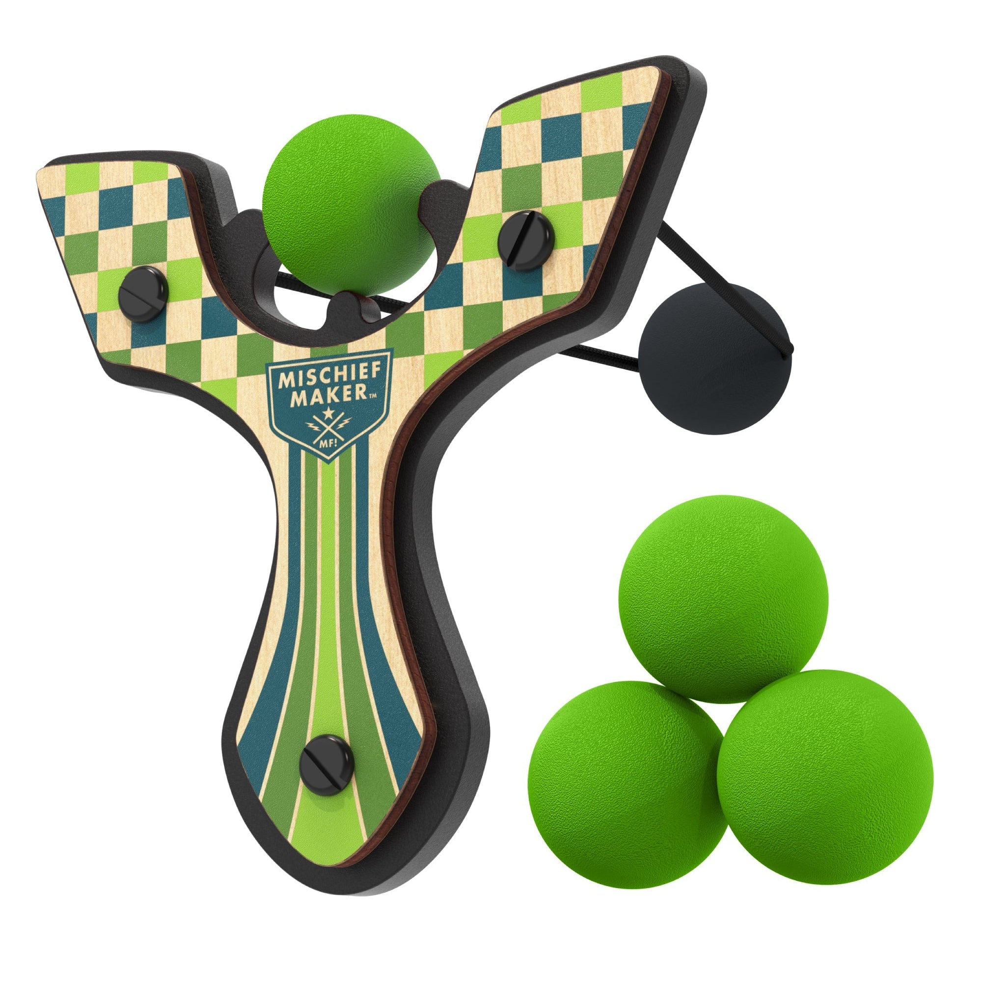 Green Racing best slingshot with 4 soft foam balls. Mischief Maker by Mighty Fun!