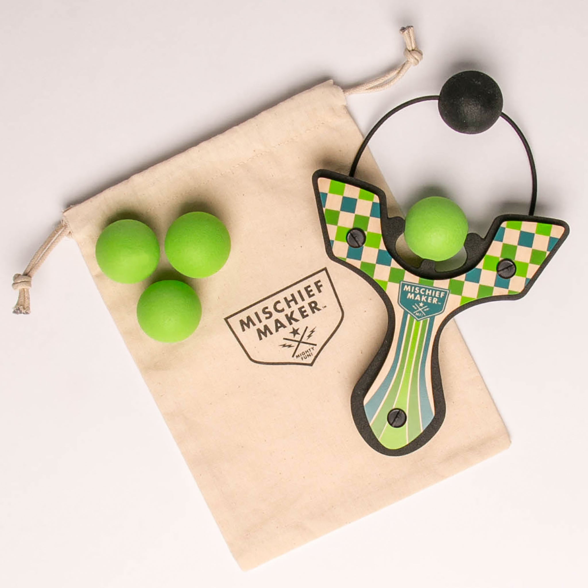 Green Racing best slingshot with 4 soft foam balls and storage bag. Mischief Maker by Mighty Fun!