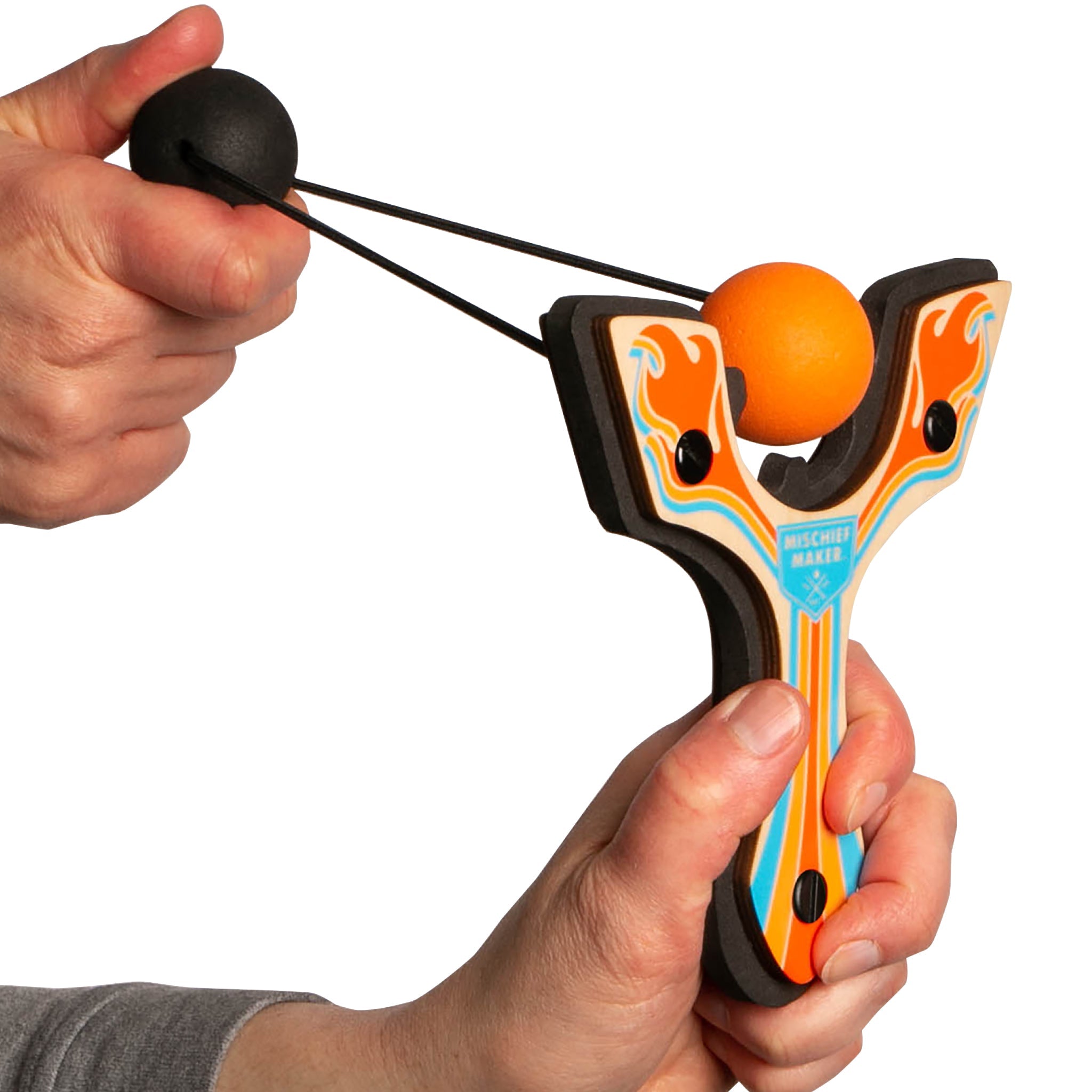 Orange Racing best slingshot being launched. Mischief Maker by Mighty Fun!