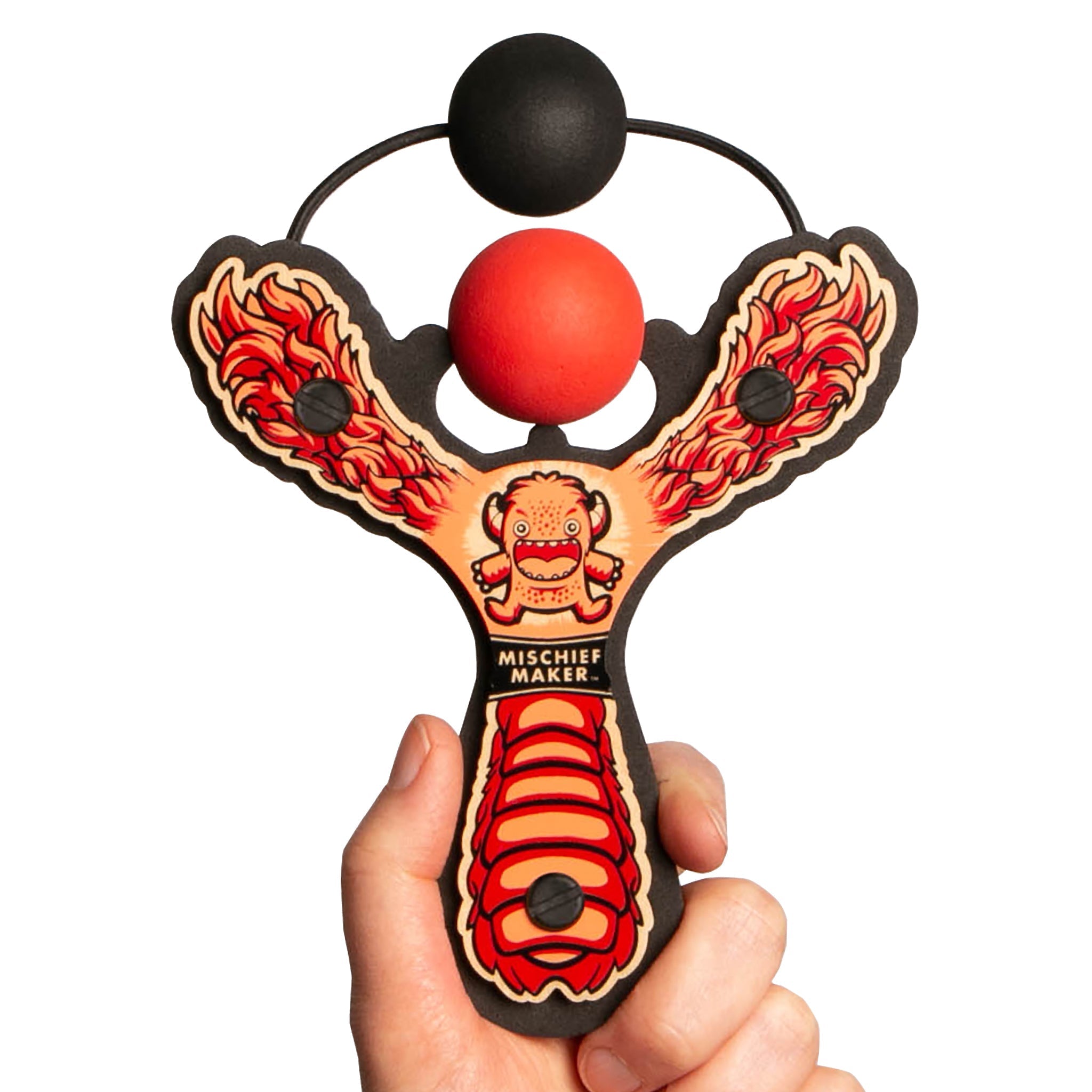 Red Monster toy slingshot hand held with ball foam ball. Mischief Maker by Mighty Fun!