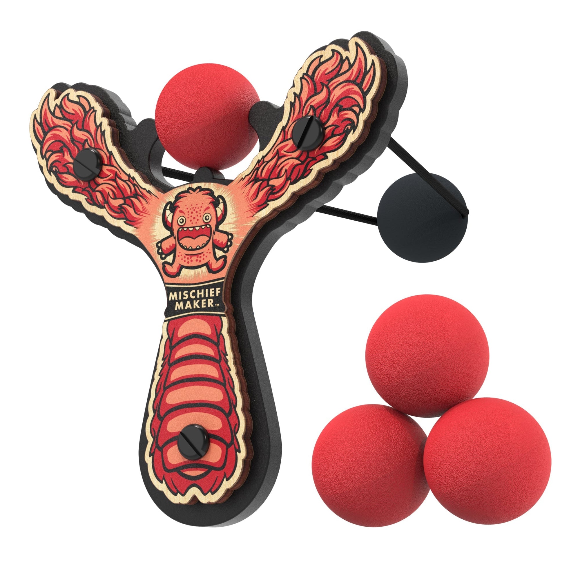 Red Monster toy slingshot with 4 soft foam balls. Mischief Maker by Mighty Fun!