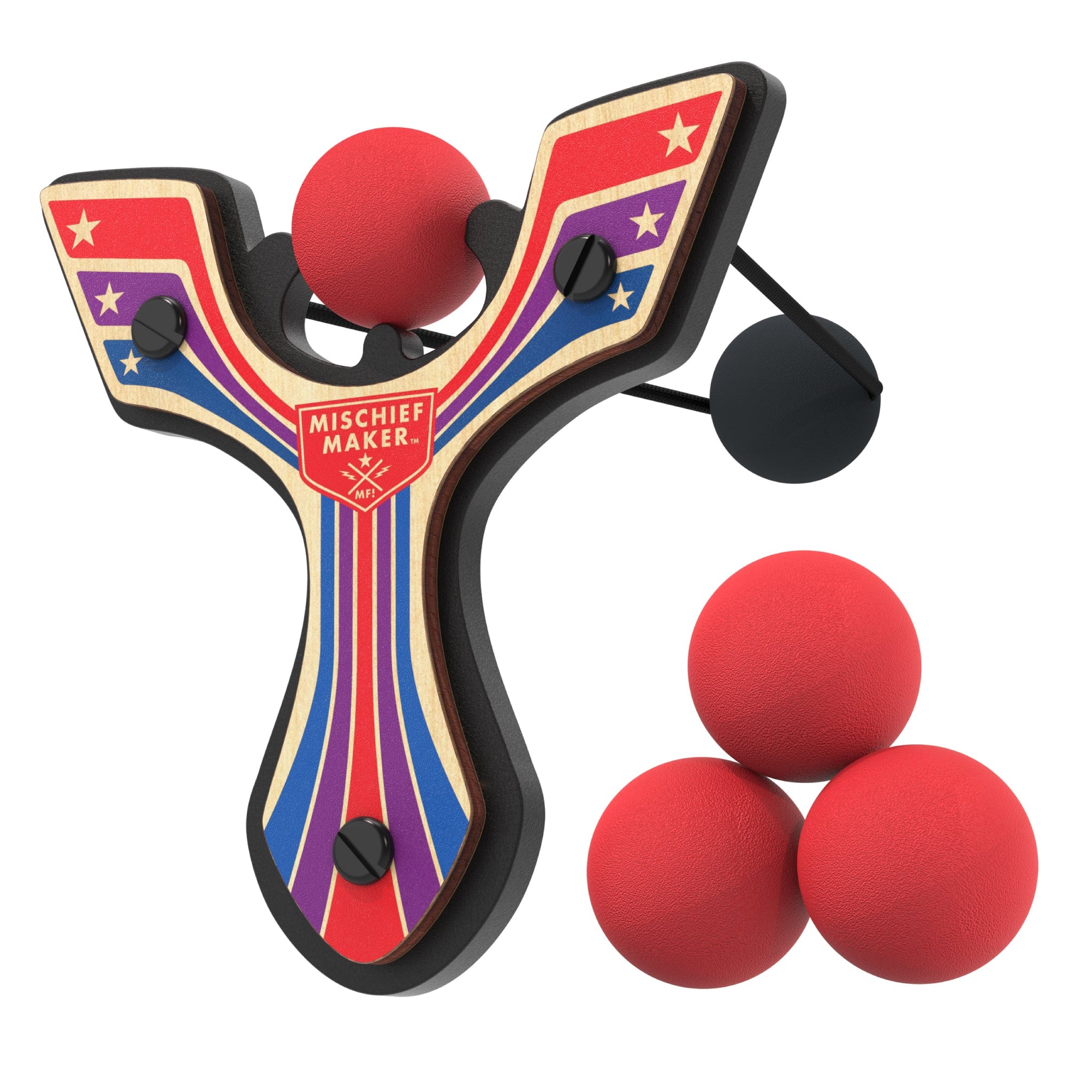 Red Racing best slingshot with 4 soft foam balls. Mischief Maker by Mighty Fun!