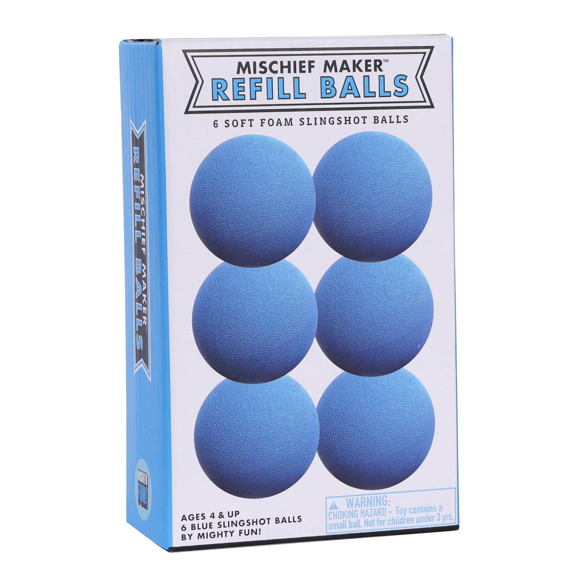 Blue foam slingshot balls for Mischief Maker toy slingshot by Mighty Fun! 6 balls per pack.