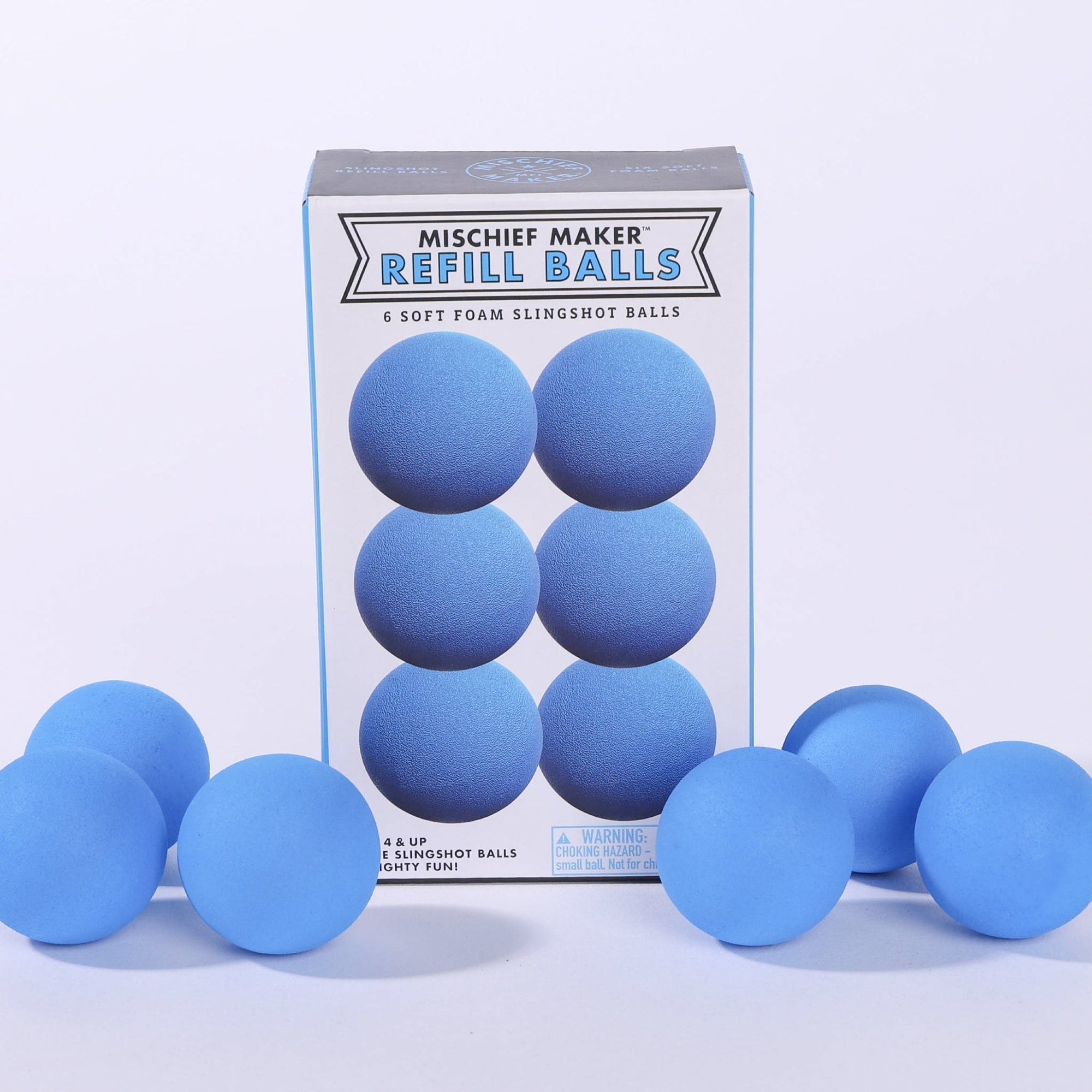 Blue foam slingshot balls for Mischief Maker toy slingshot by Mighty Fun! 6 balls per pack.