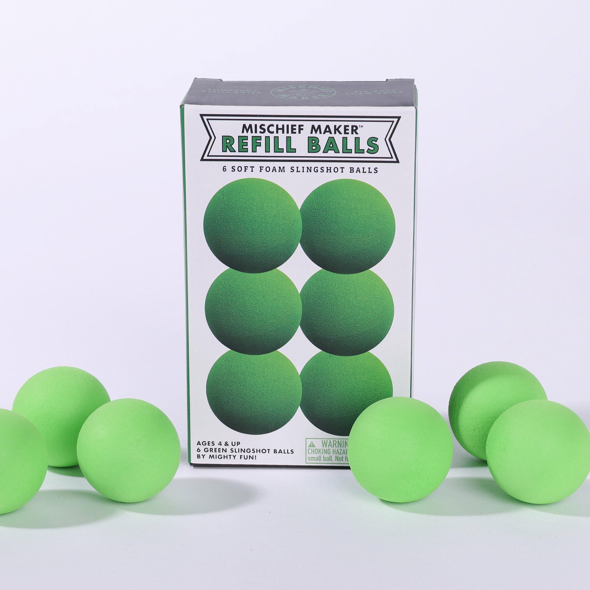 Green foam slingshot balls for Mischief Maker toy slingshot by Mighty Fun! 6 balls per pack.