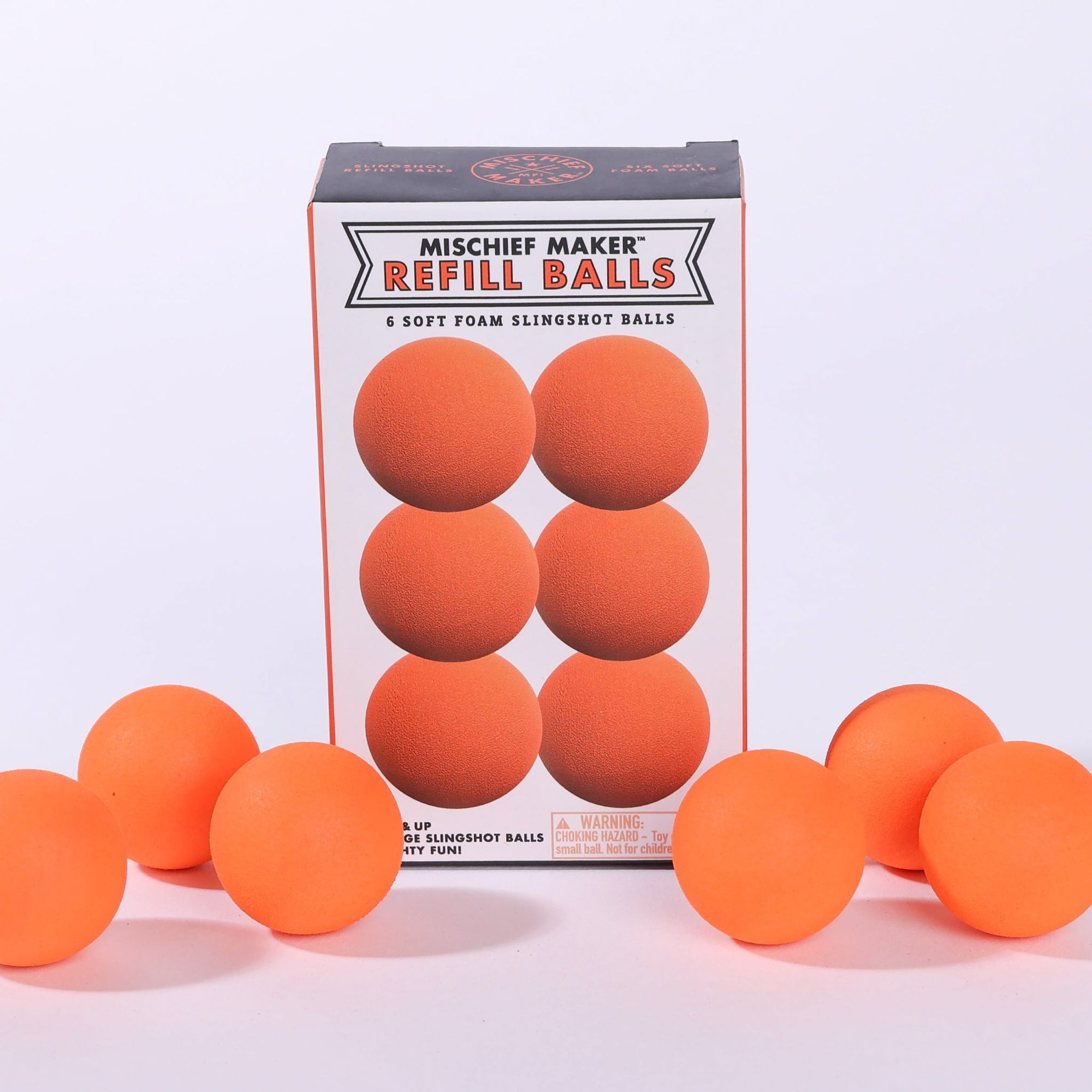 Orange foam slingshot balls for Mischief Maker toy slingshot by Mighty Fun! 6 balls per pack.