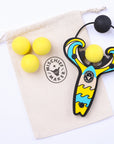 Yellow Surf’s Up toy slingshot with 4 soft foam balls and storage bag. Mischief Maker by Mighty Fun!