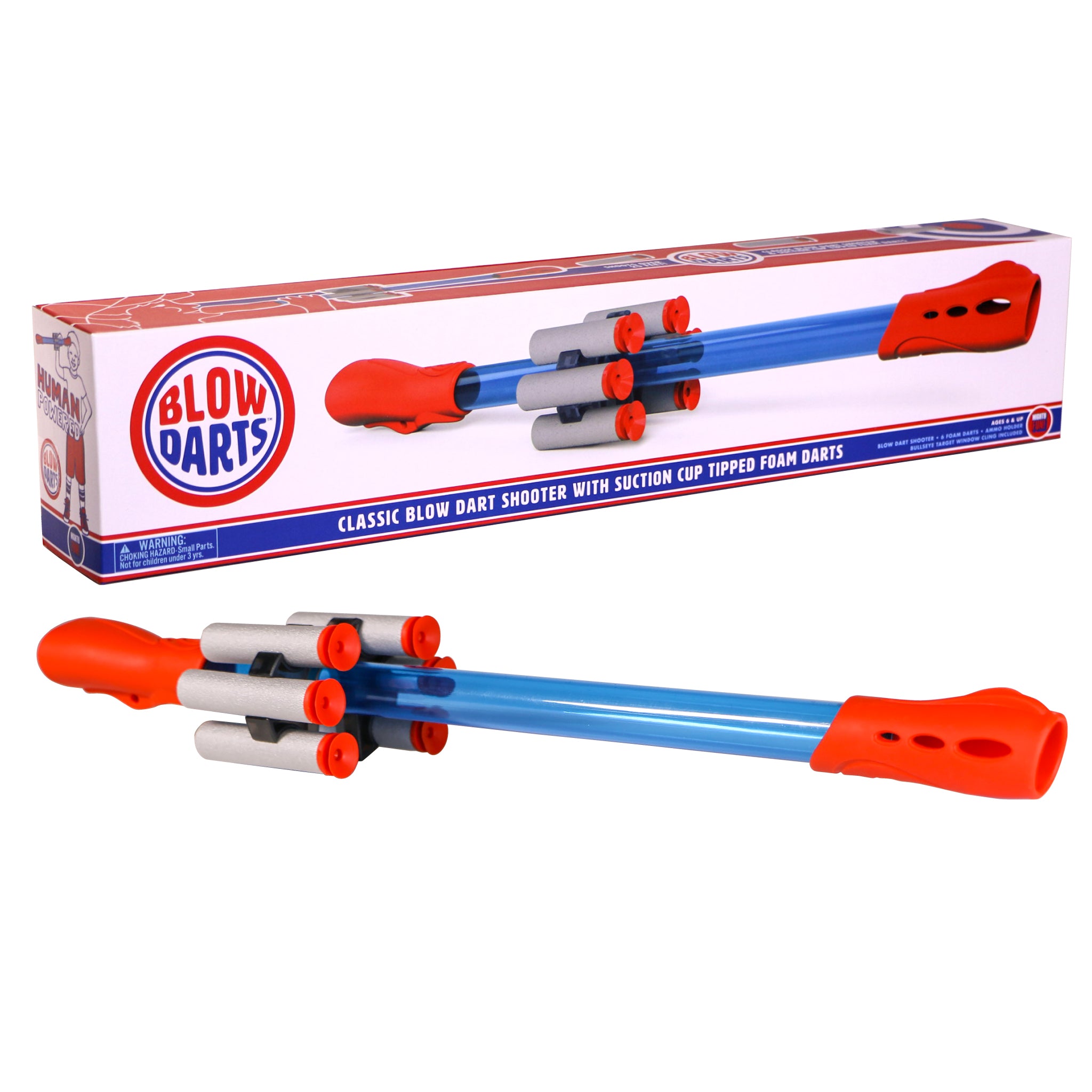 Blow Darts target set with color gift box by Mighty Fun! Includes 6 darts, ammo holder and target.