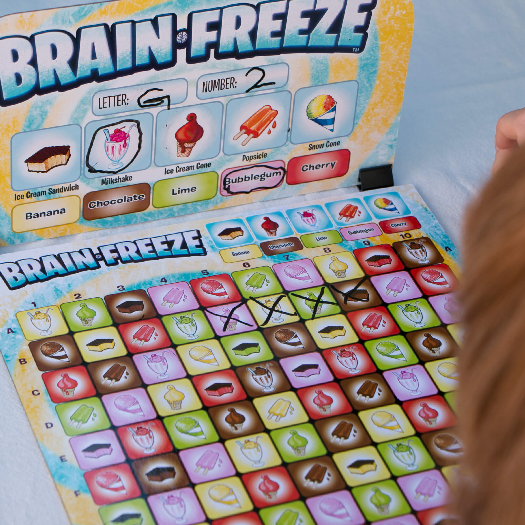 Brain Freeze Strategy board game for kids details. Game Board being used. For Ages 5 up by Mighty Fun! 