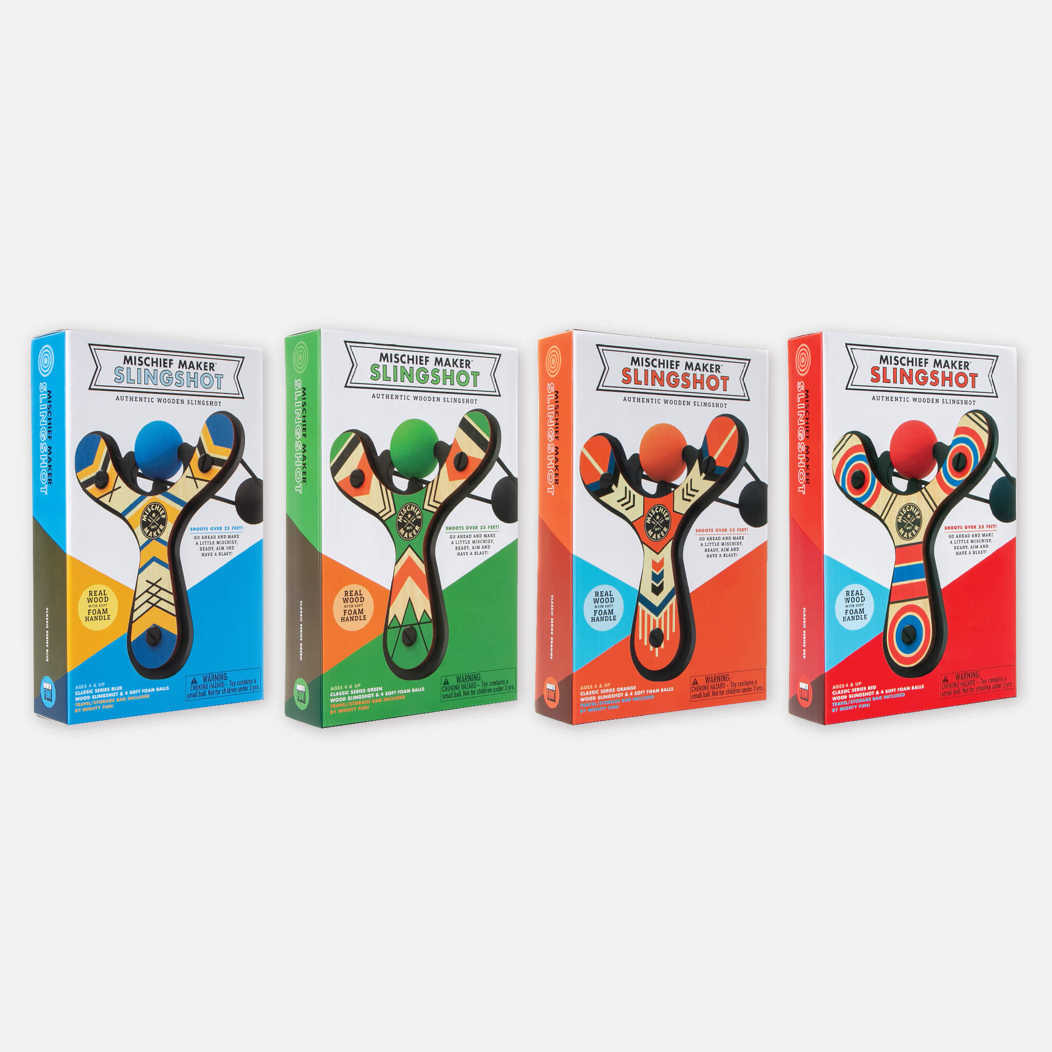 Classic wood slingshot color gift boxes including blue, green, orange, and red by Mighty Fun!