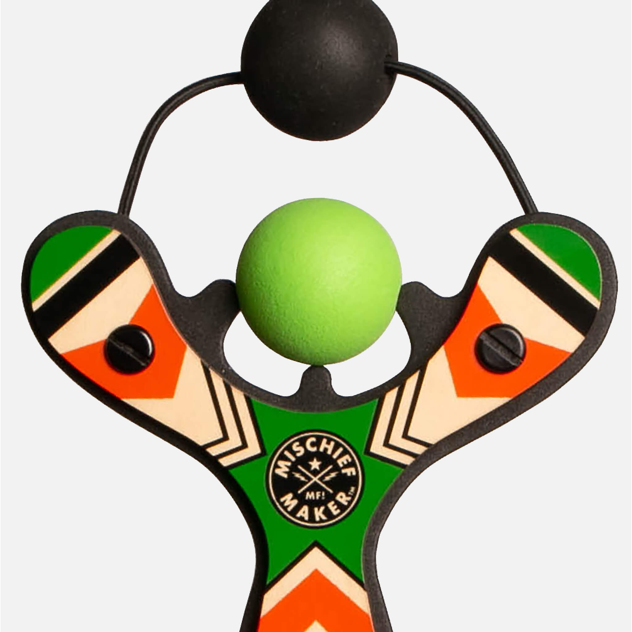 Green Classic wood slingshot with ball foam ball loaded. Mischief Maker by Mighty Fun!