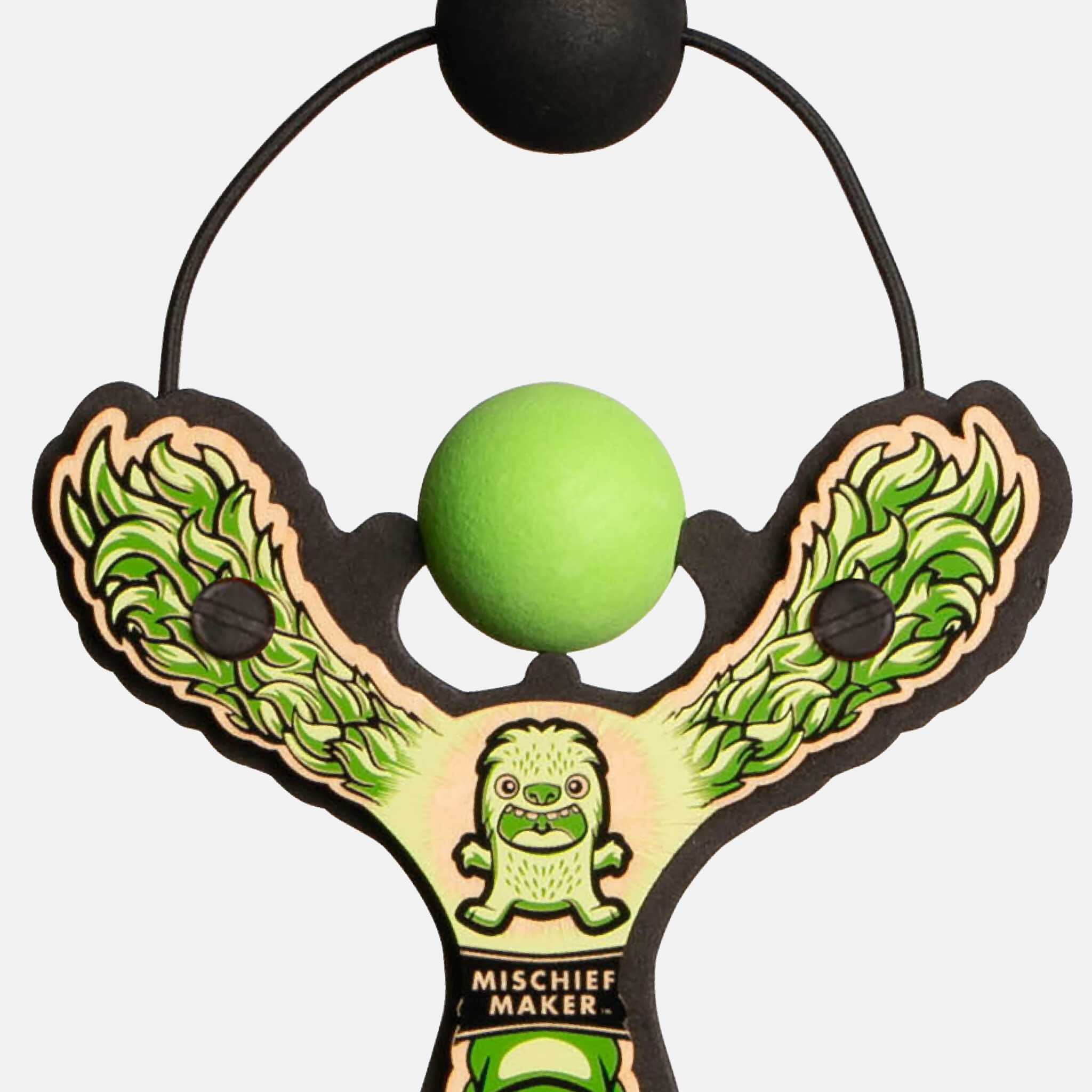 Green Monster toy slingshot hand held with ball foam ball. Mischief Maker by Mighty Fun!