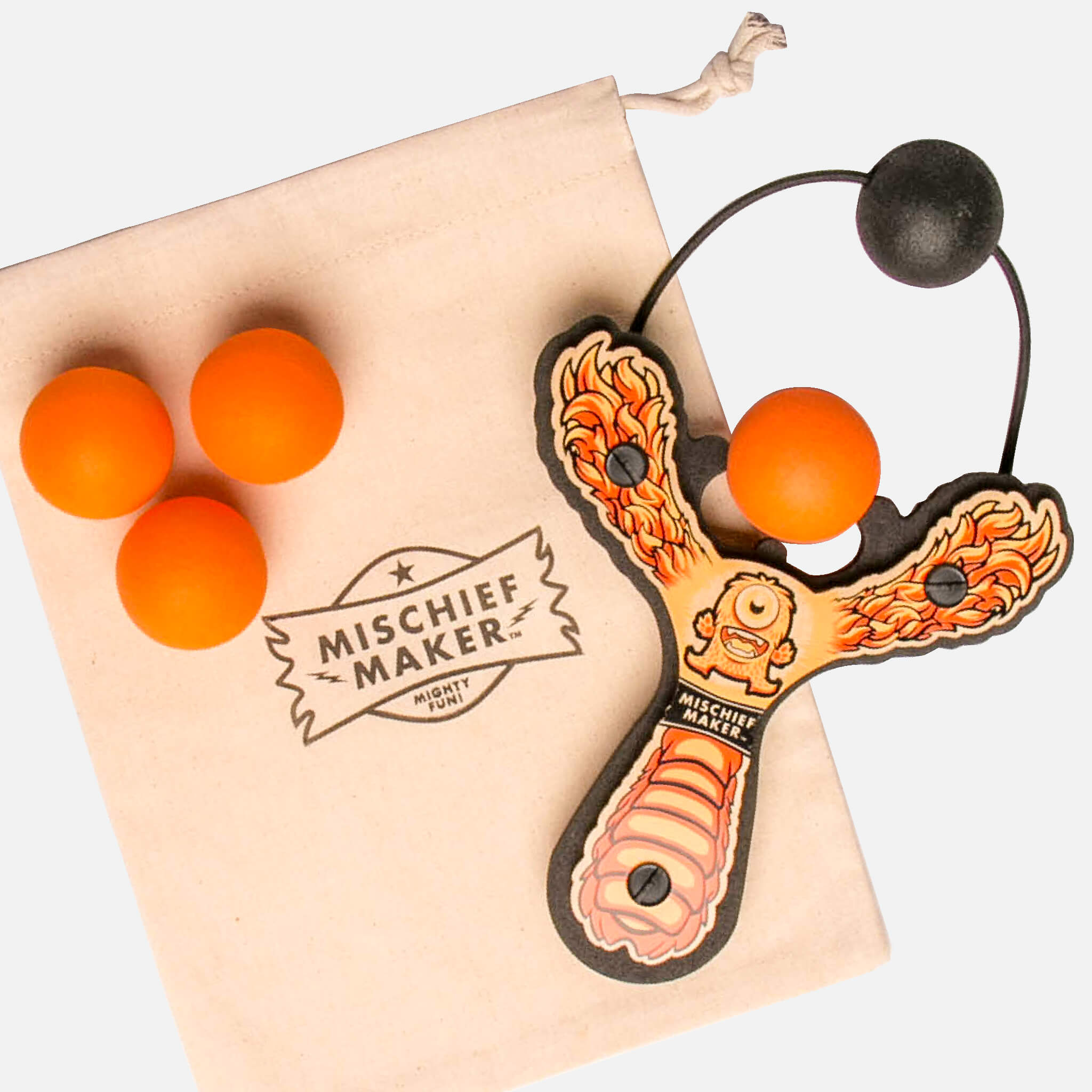 Orange Monster toy slingshot with 4 soft foam balls and storage bag. Mischief Maker by Mighty Fun!