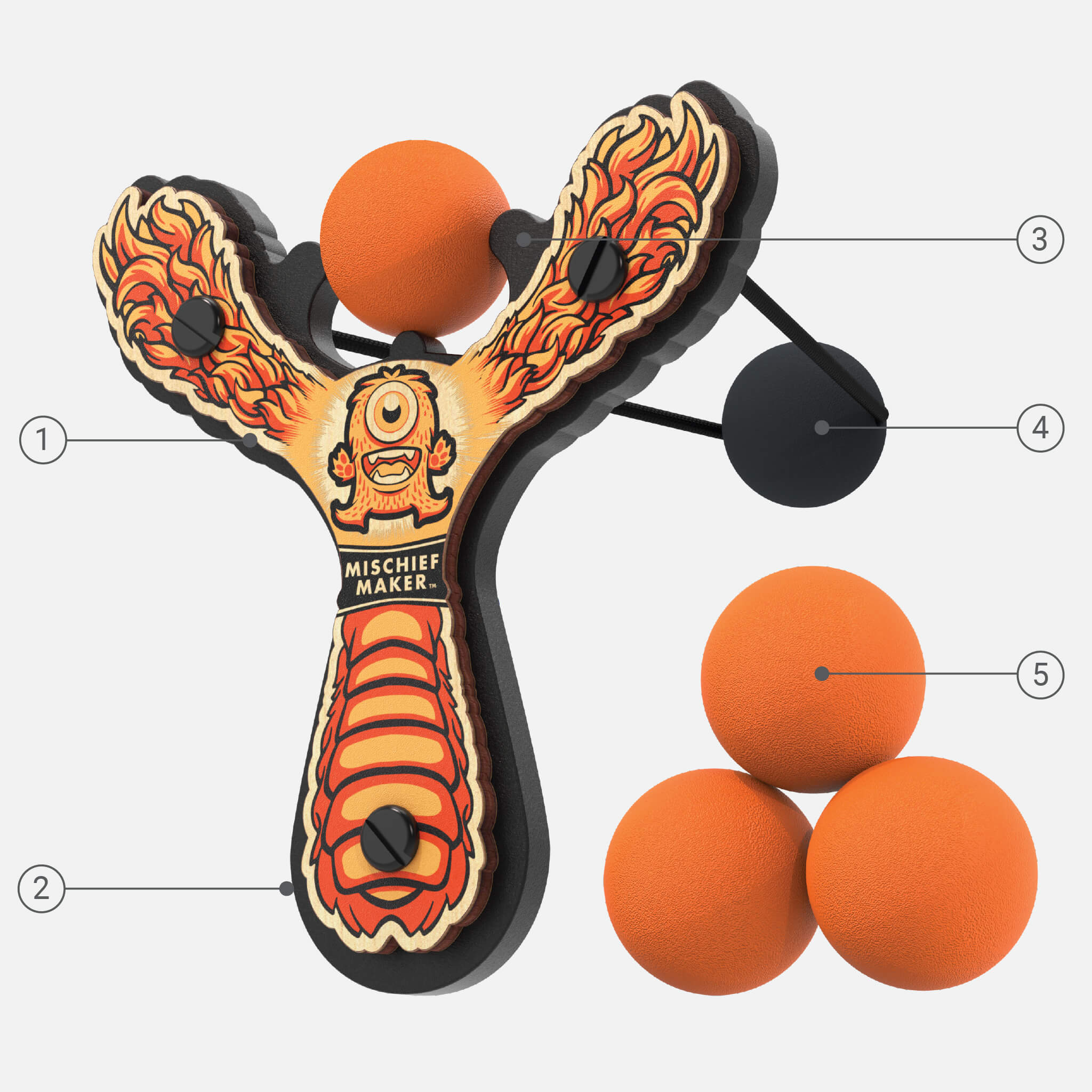 Orange Monster toy slingshot with 4 soft foam balls and detail callouts. Mischief Maker by Mighty Fun!