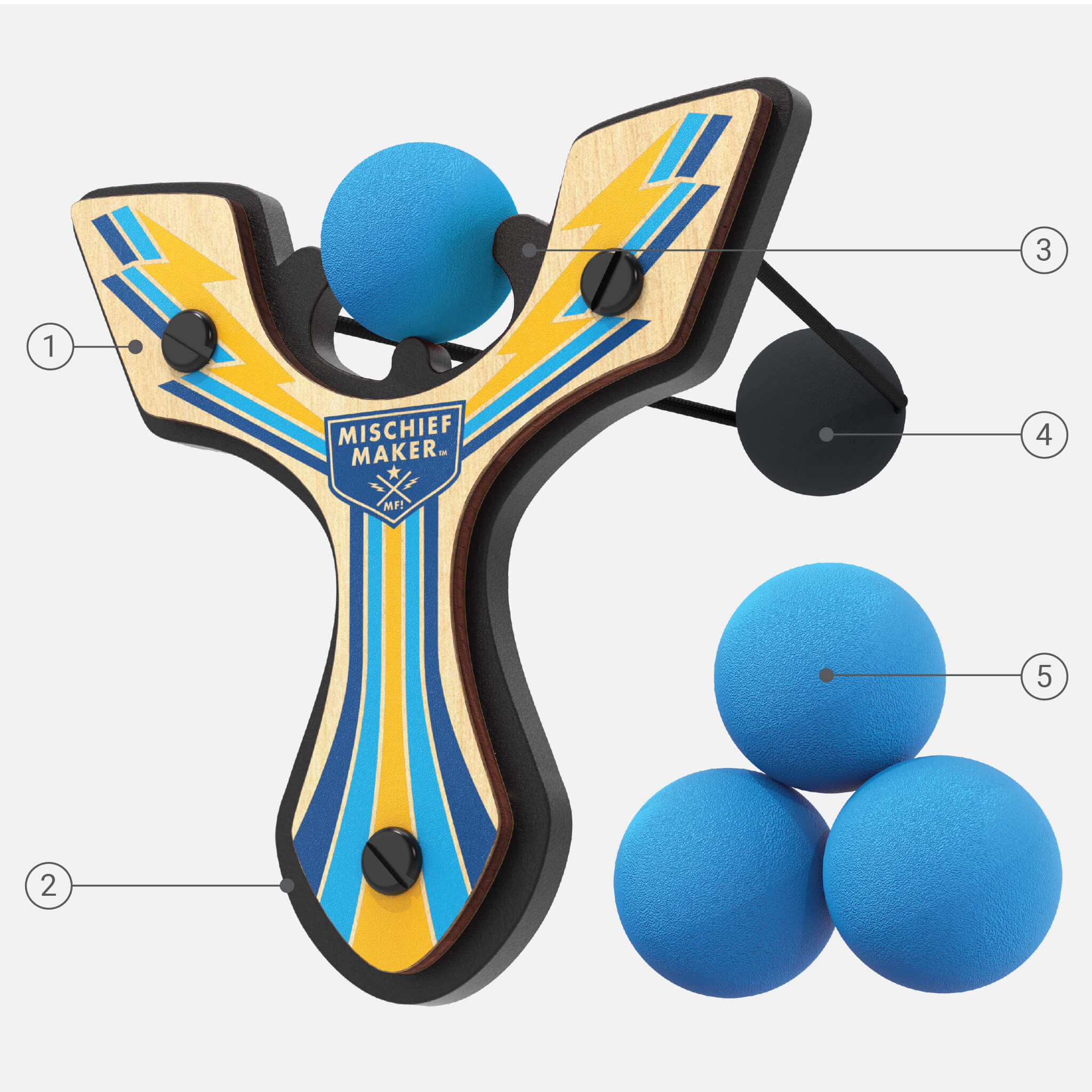 Blue Racing best slingshot with 4 soft foam balls and callout details. Mischief Maker by Mighty Fun!