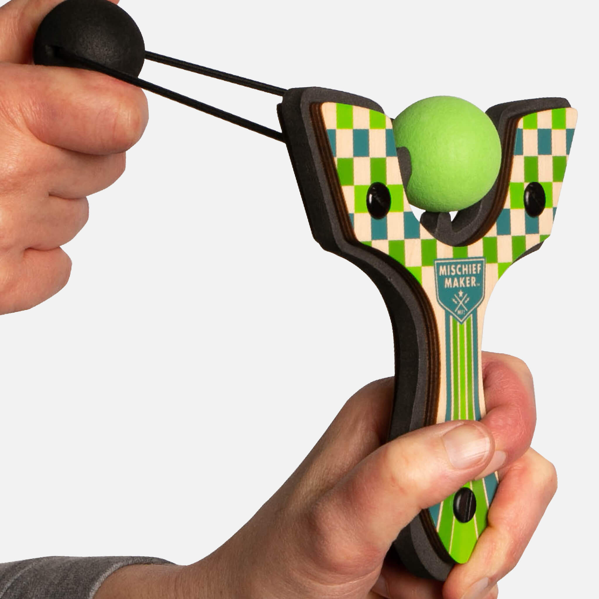 Green Racing best slingshot being launched. Mischief Maker by Mighty Fun!