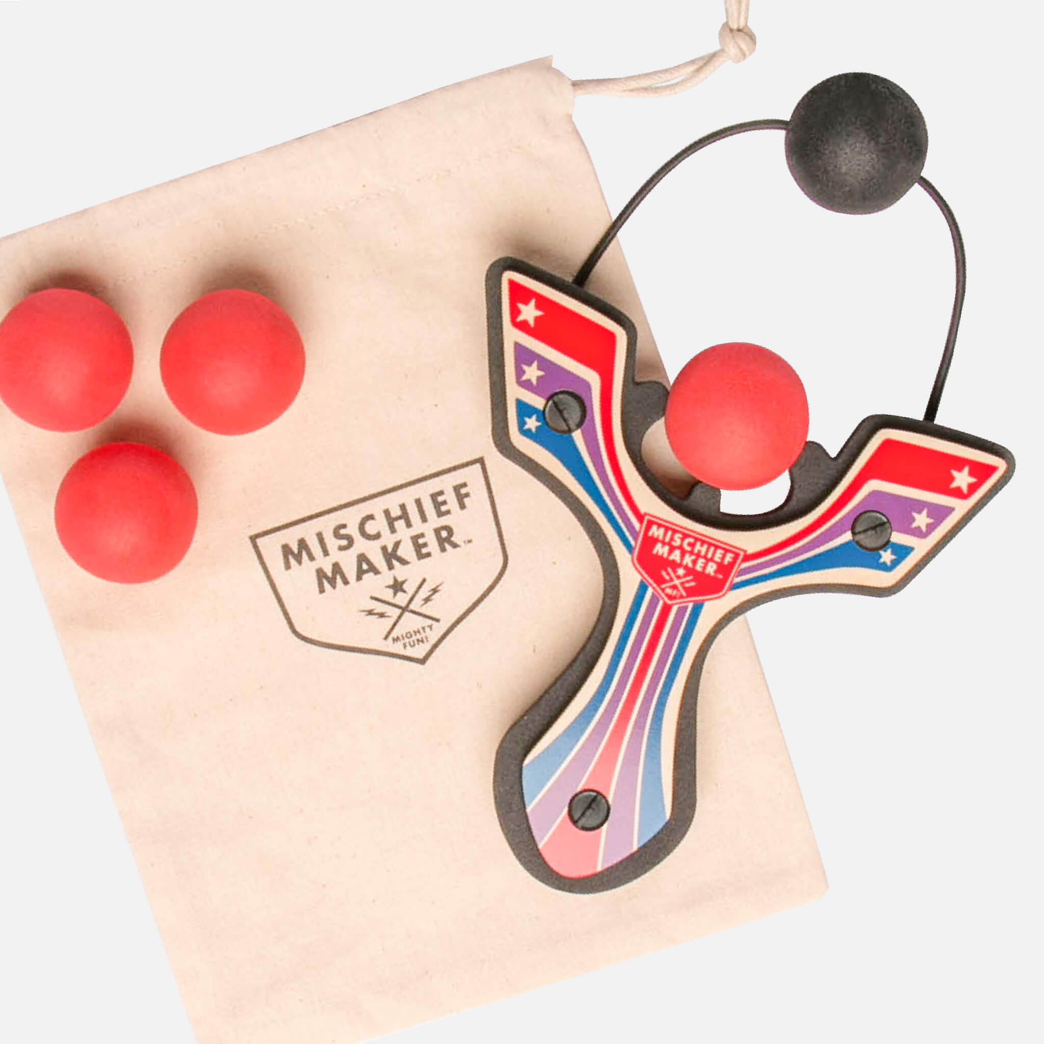Red Racing best slingshot with 4 soft foam balls and storage bag. Mischief Maker by Mighty Fun!