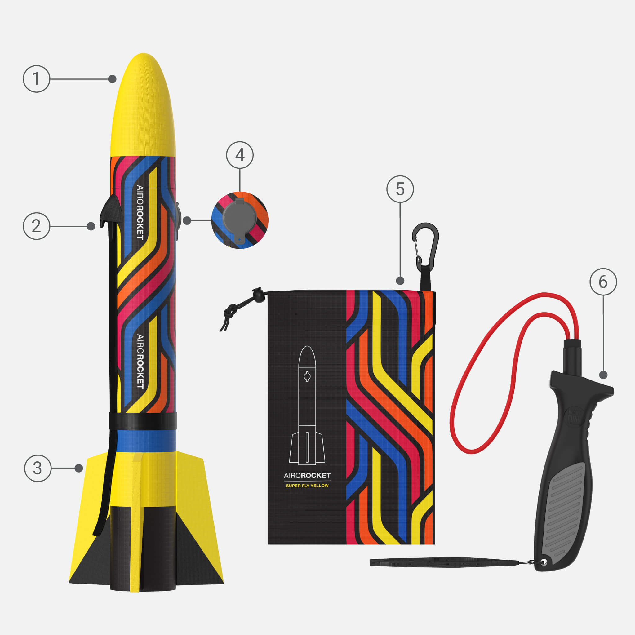 Yellow Airo Rocket toy rocket with hand launcher and storage bag by Mighty Fun!