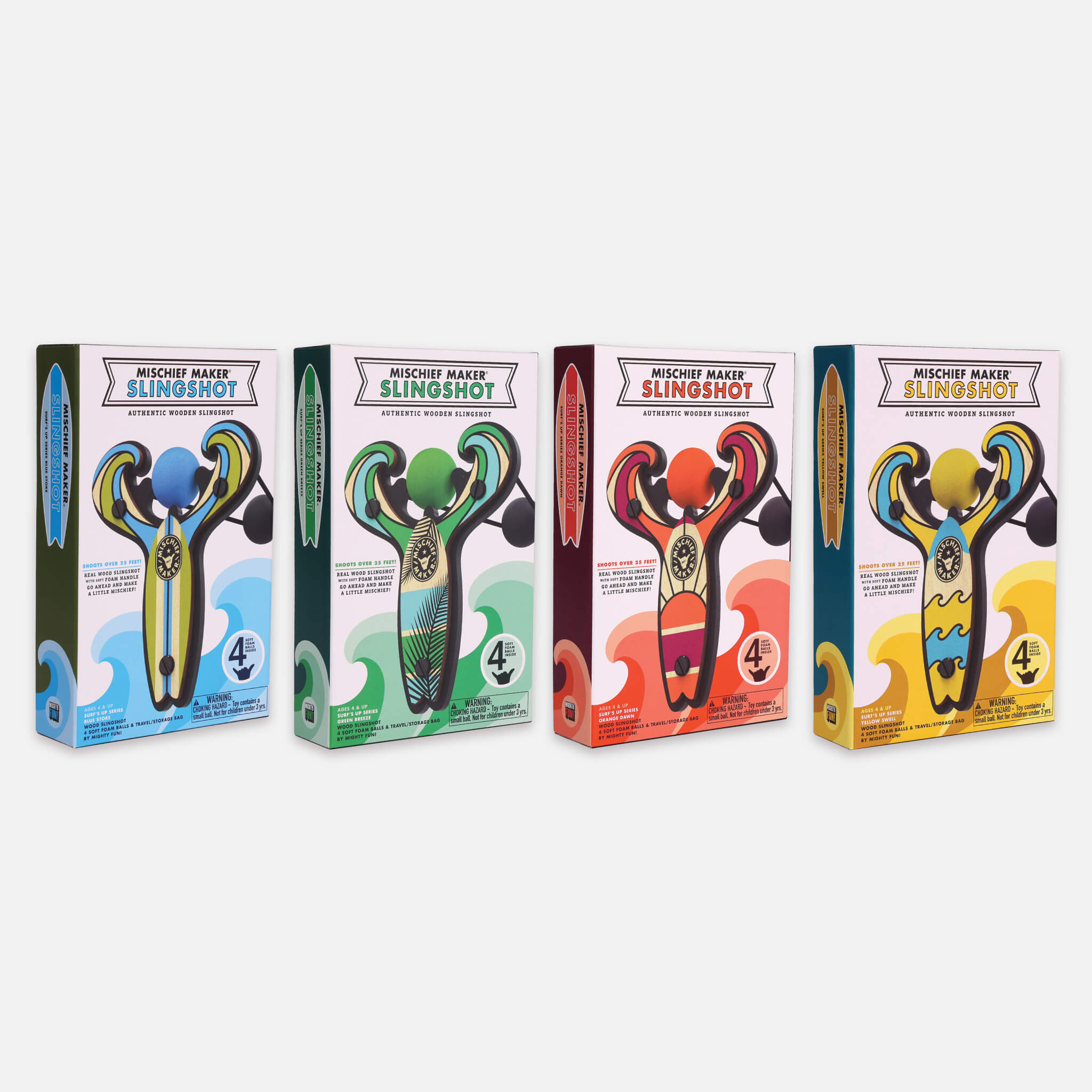 Surf’s Up toy slingshot color gift boxes including blue, green, orange, and yellow by Mighty Fun!