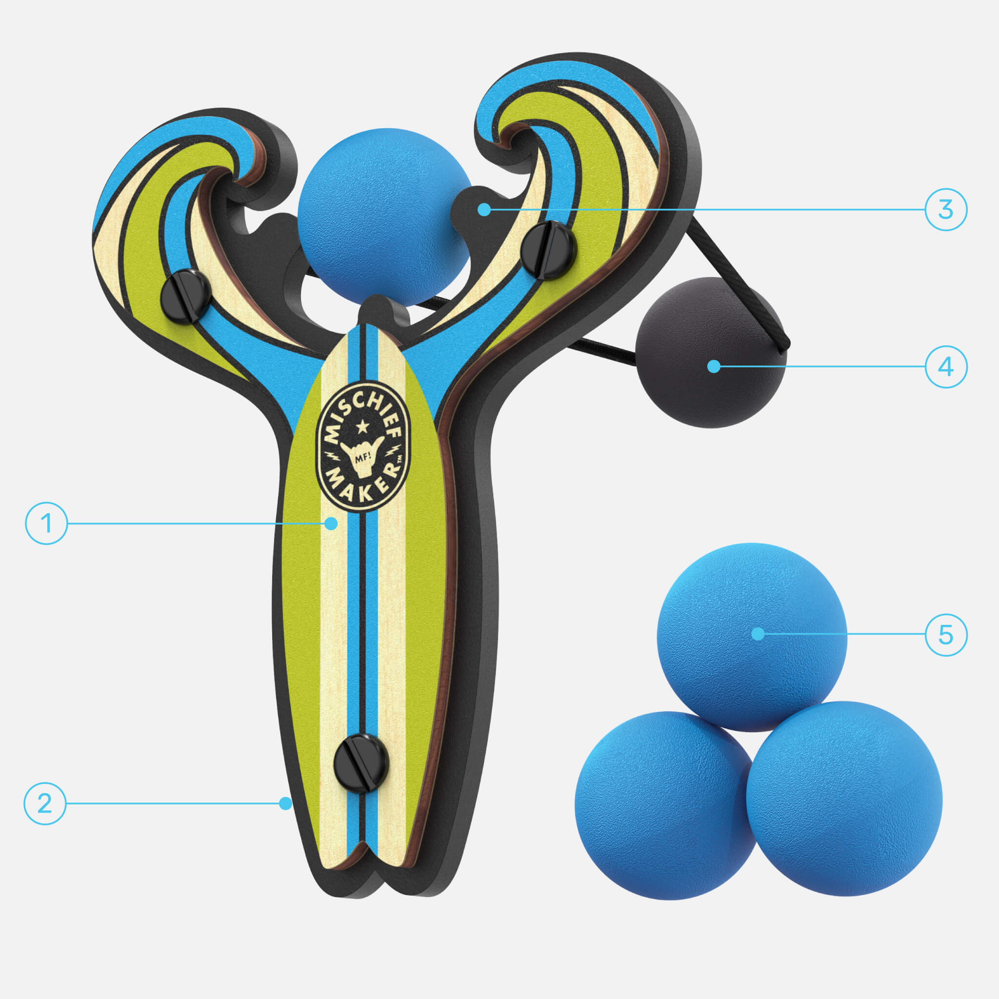 Blue Surf’s Up toy slingshot with 4 soft foam balls with callout details. Mischief Maker by Mighty Fun!