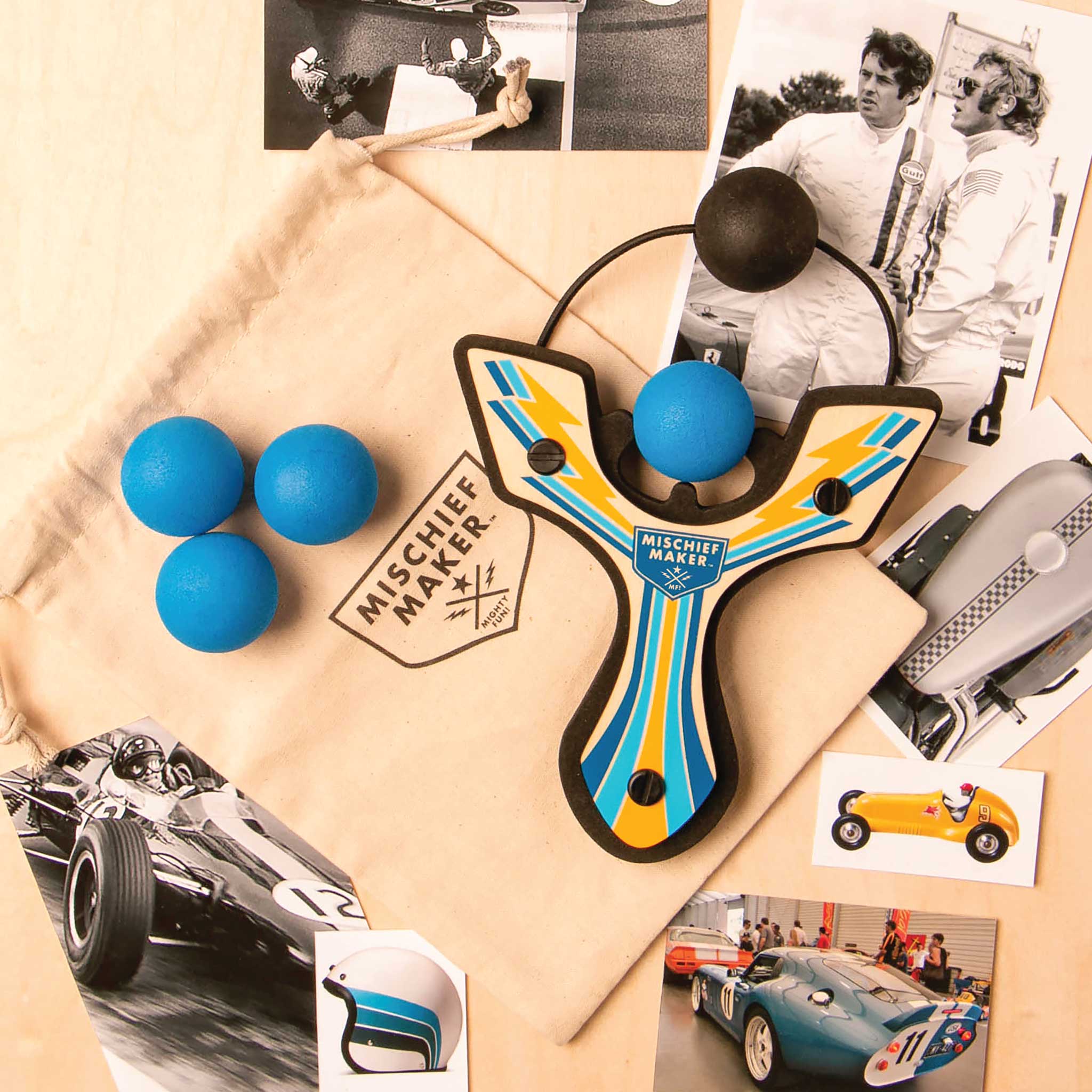 Blue Racing best slingshot with 4 soft foam balls and storage bag. Mischief Maker by Mighty Fun!