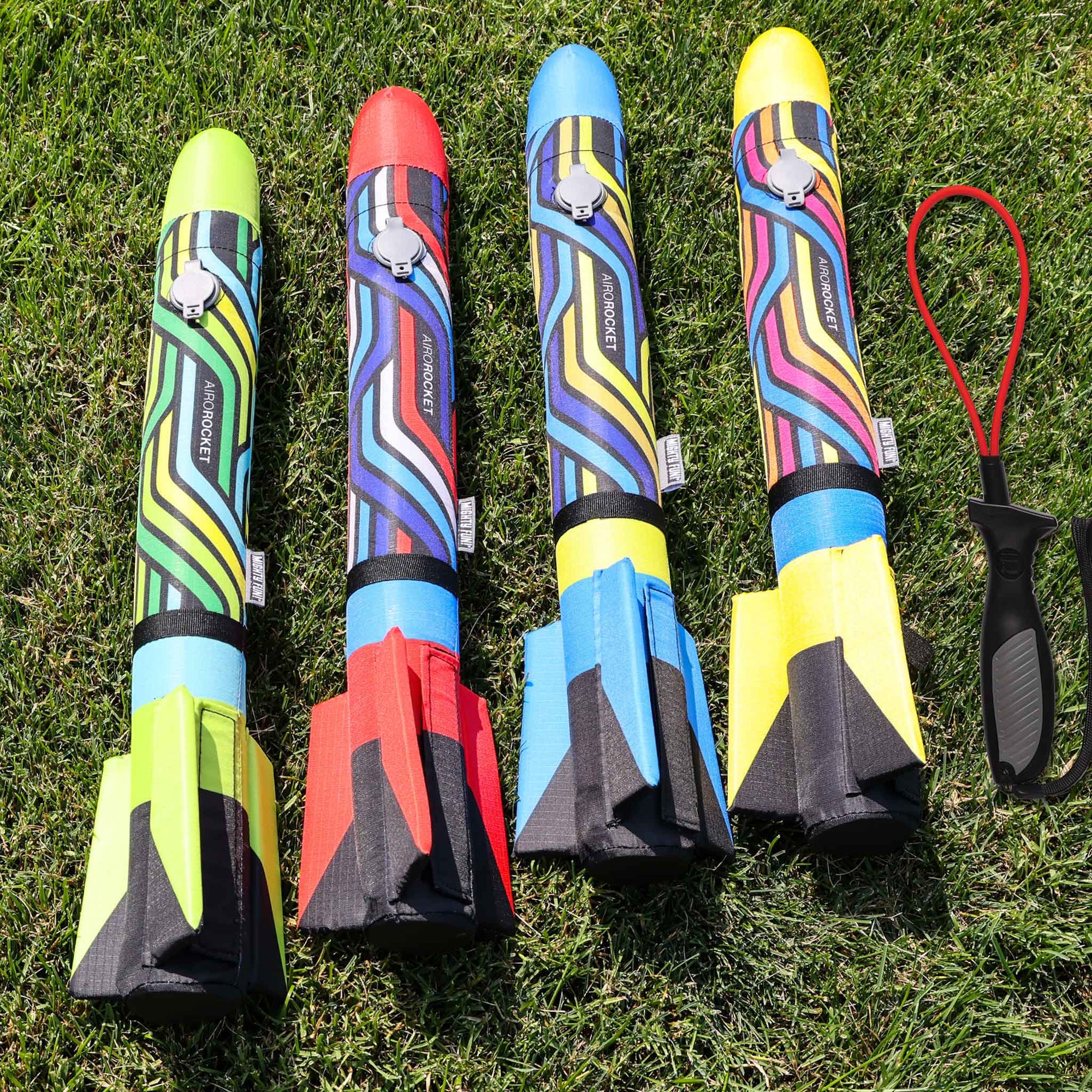 Airo Rocket toy rocket in all 4 colors: red, lime, yellow and blue outside by Mighty Fun!
