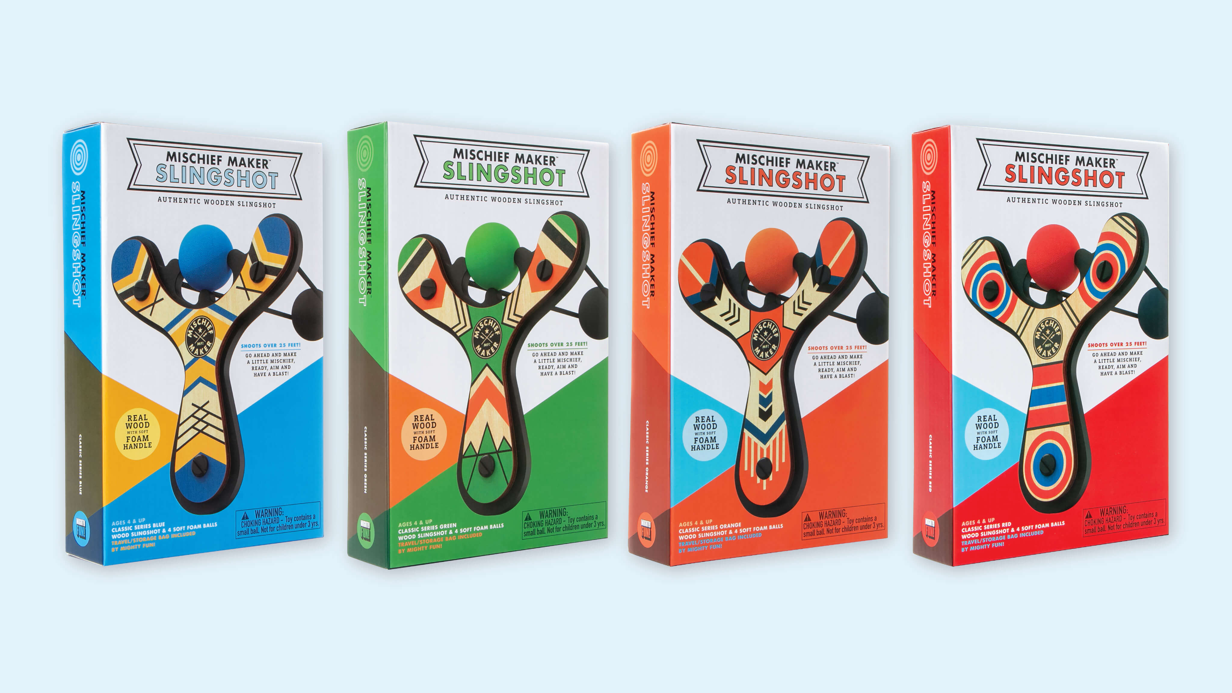 Classic wood slingshot color gift boxes including blue, green, orange, and red by Mighty Fun!