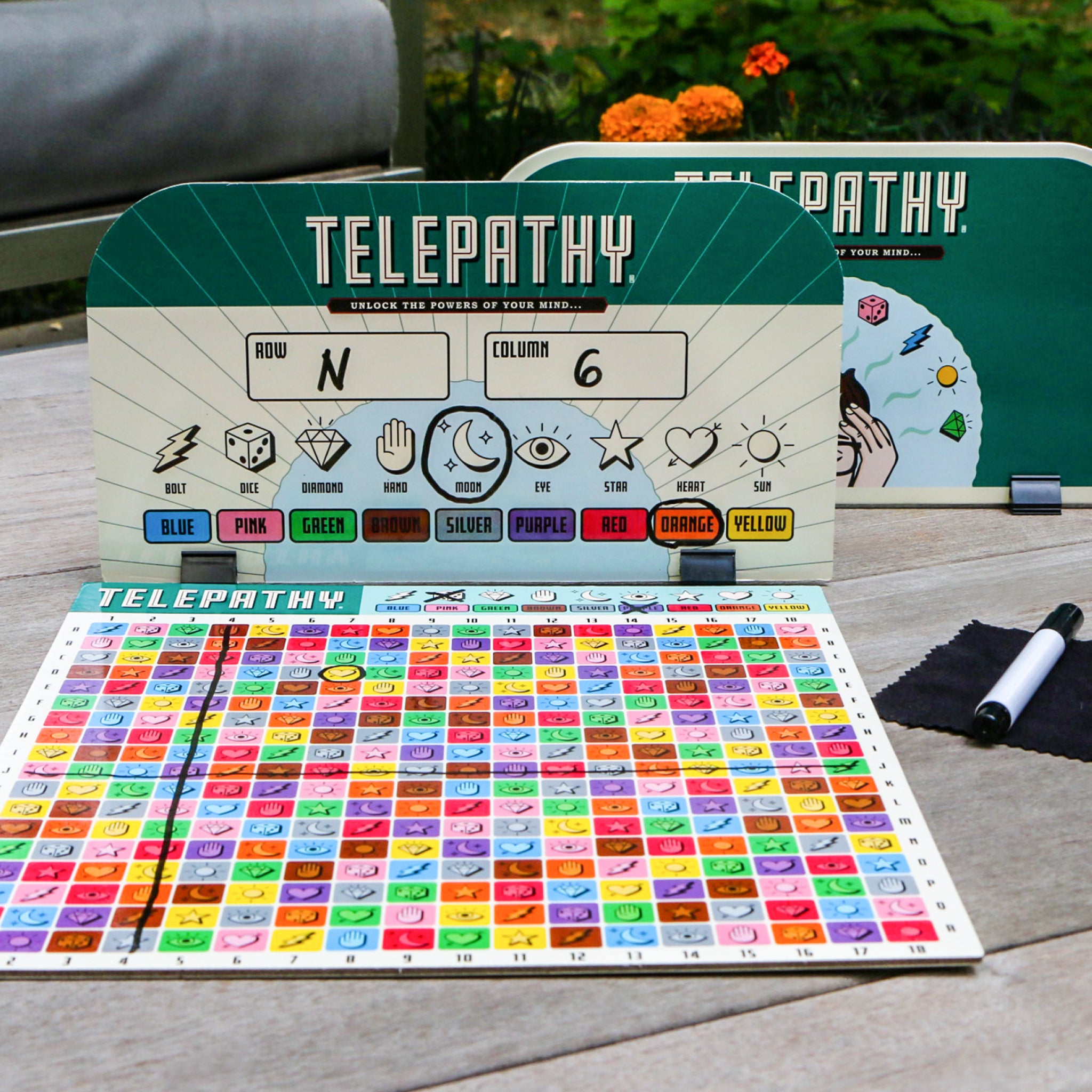 Telepathy Strategy board game details. Game Board being used. For Ages 10 up by Mighty Fun!
