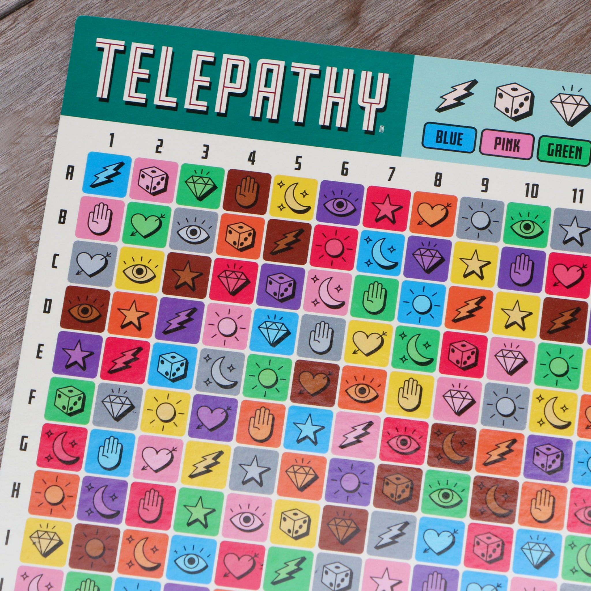 Telepathy Strategy board game details. Game Board being used. For Ages 10 up by Mighty Fun!