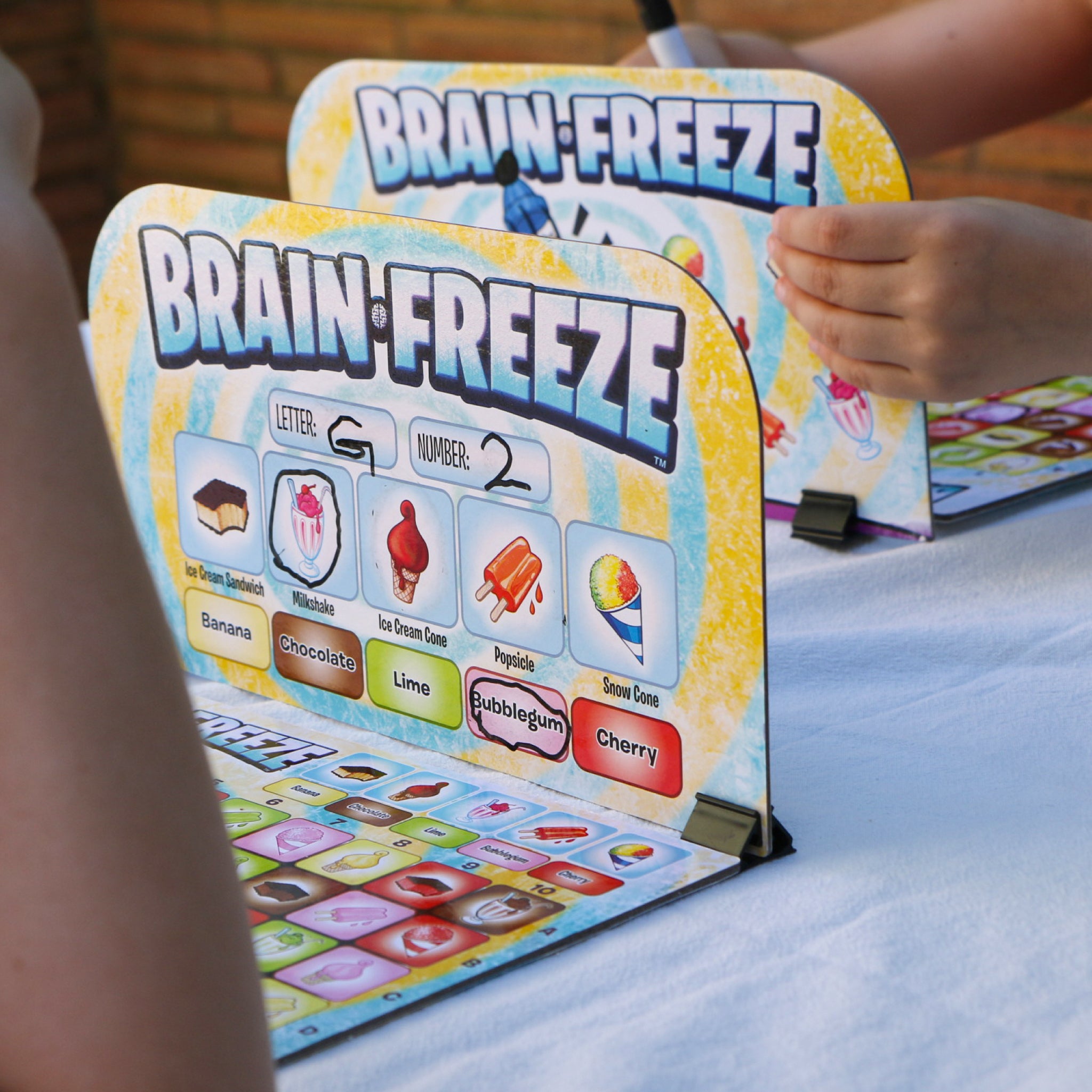 Brain Freeze Strategy board game for kids details. Game Board being used. For Ages 5 up by Mighty Fun!