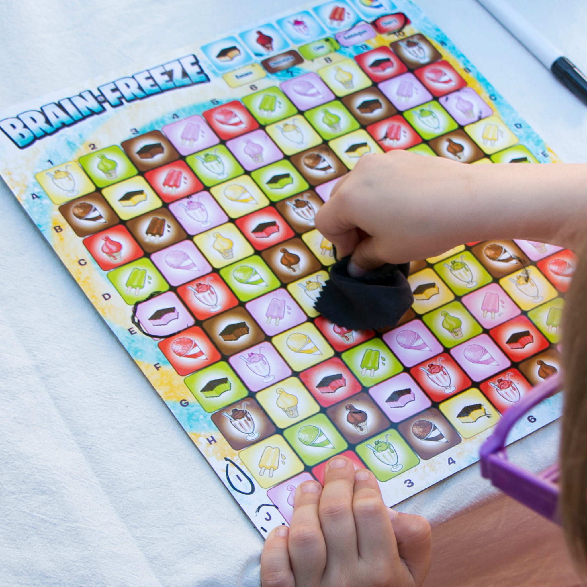 Brain Freeze Strategy board game for kids details. Game Board being used. For Ages 5 up by Mighty Fun!
